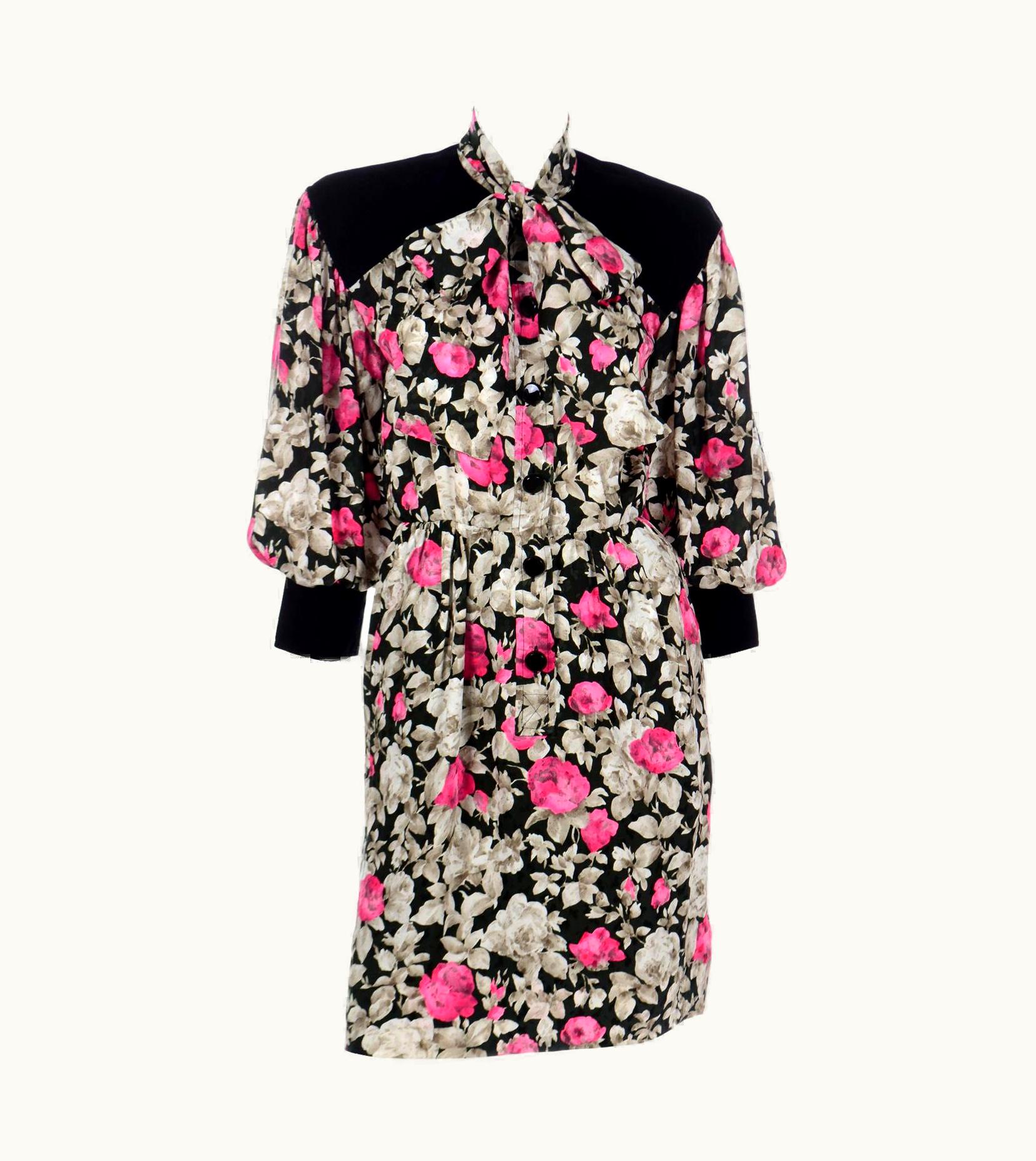 Saint Laurent 1984 Yves Saint Laurent Floral Silk Runway Dress W Black Velvet Trim
