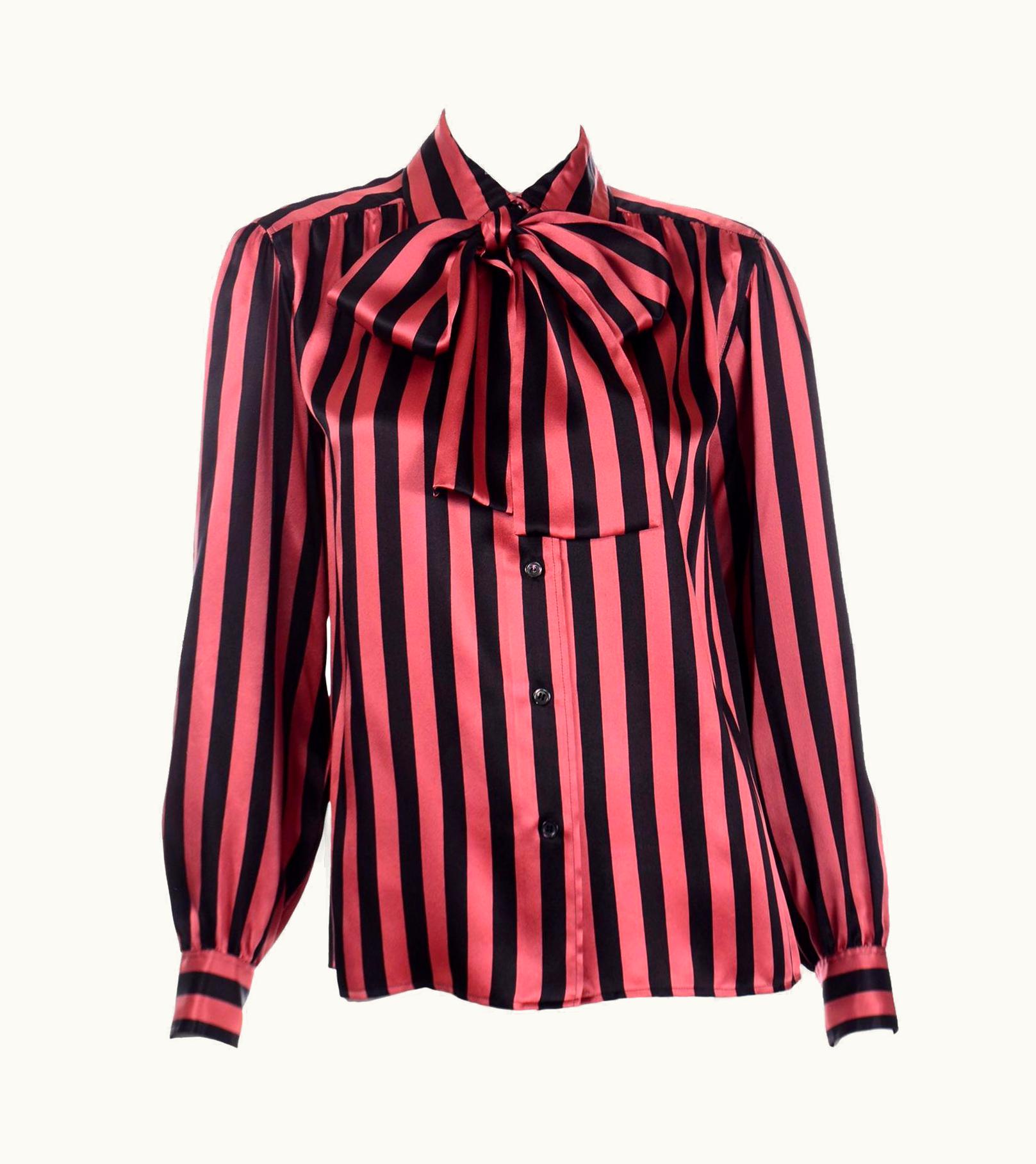 Saint Laurent Yves Saint Laurent Orange & Black Striped Silk Vintage Blouse With Sash Bow