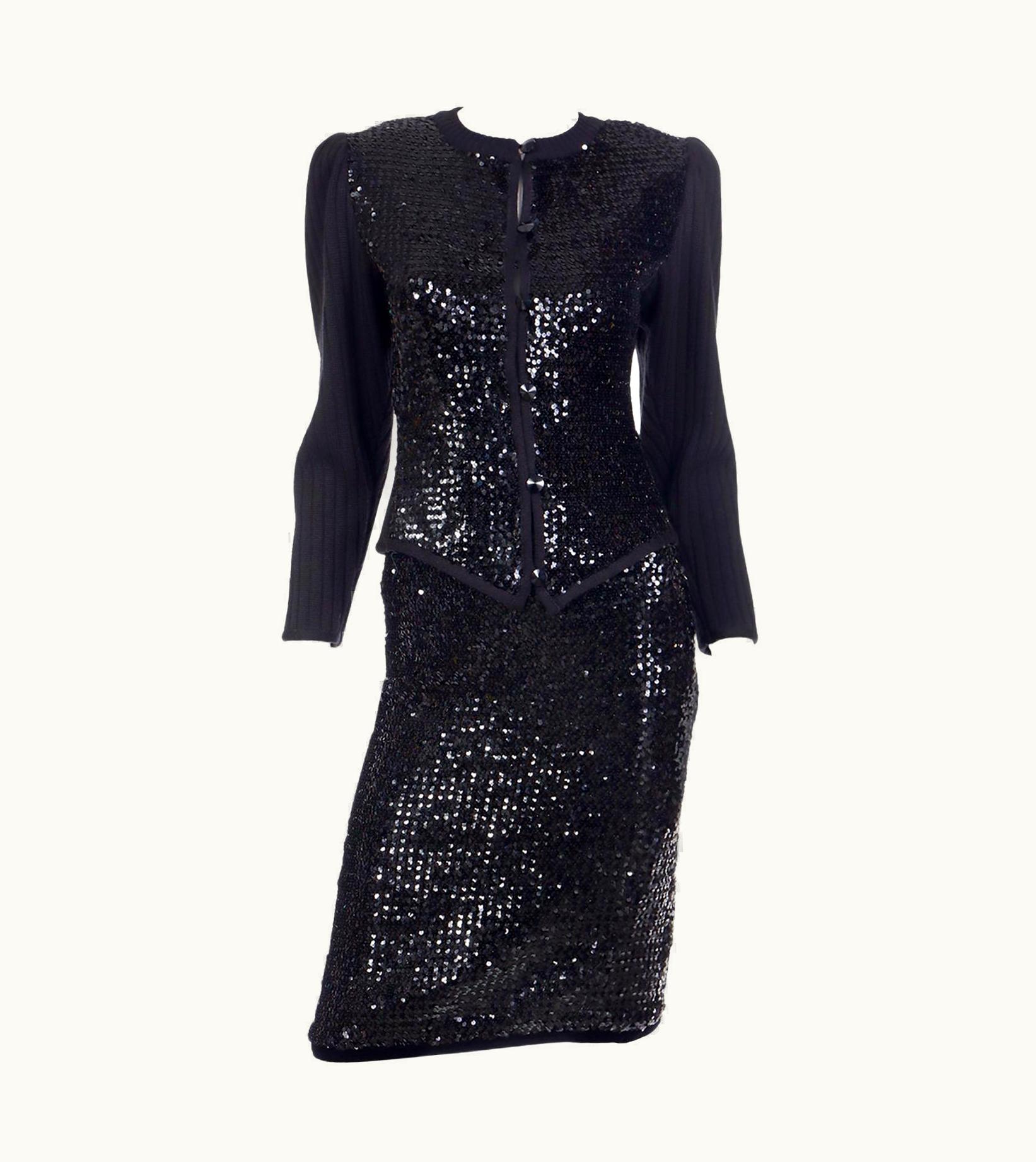 Saint Laurent Vintage 2 Pc Yves Saint Laurent Black Sequin Evening Dress Alternative Ensemble