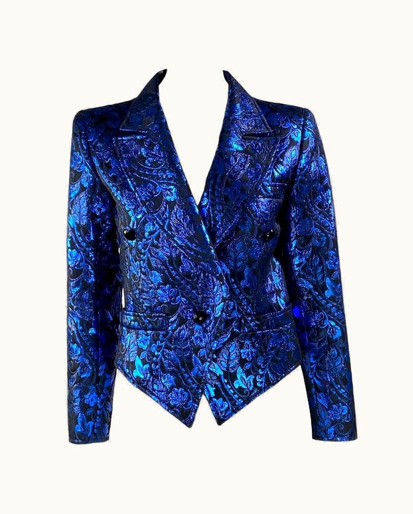 Saint Laurent 1980s Saint Laurent Rive Gauche Blue Lamé Metallic Brocade Blazer