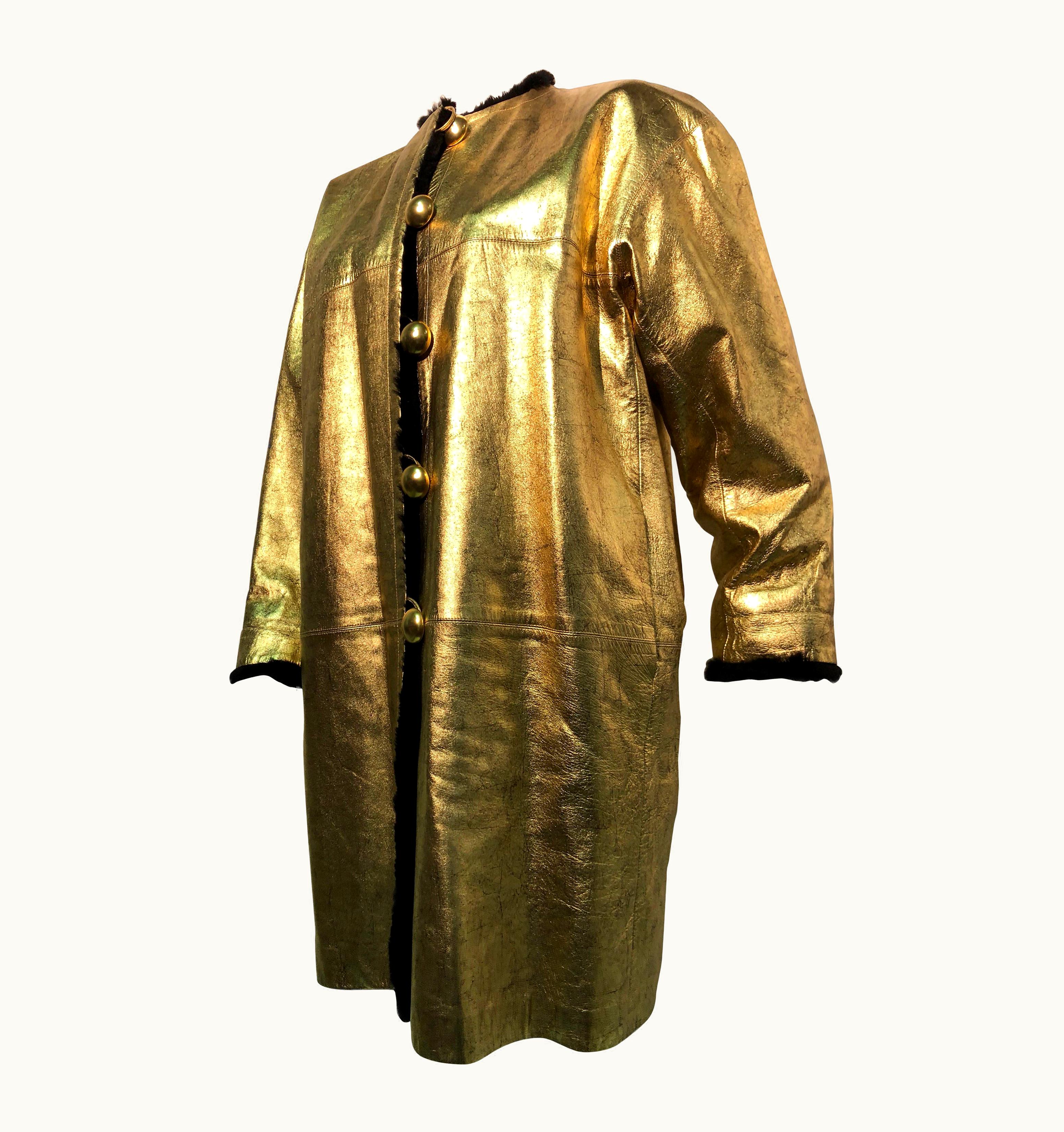 Saint Laurent 1980s Yves Saint Laurent Gold Leather Coat WS/S Black Sheared Fur Interior