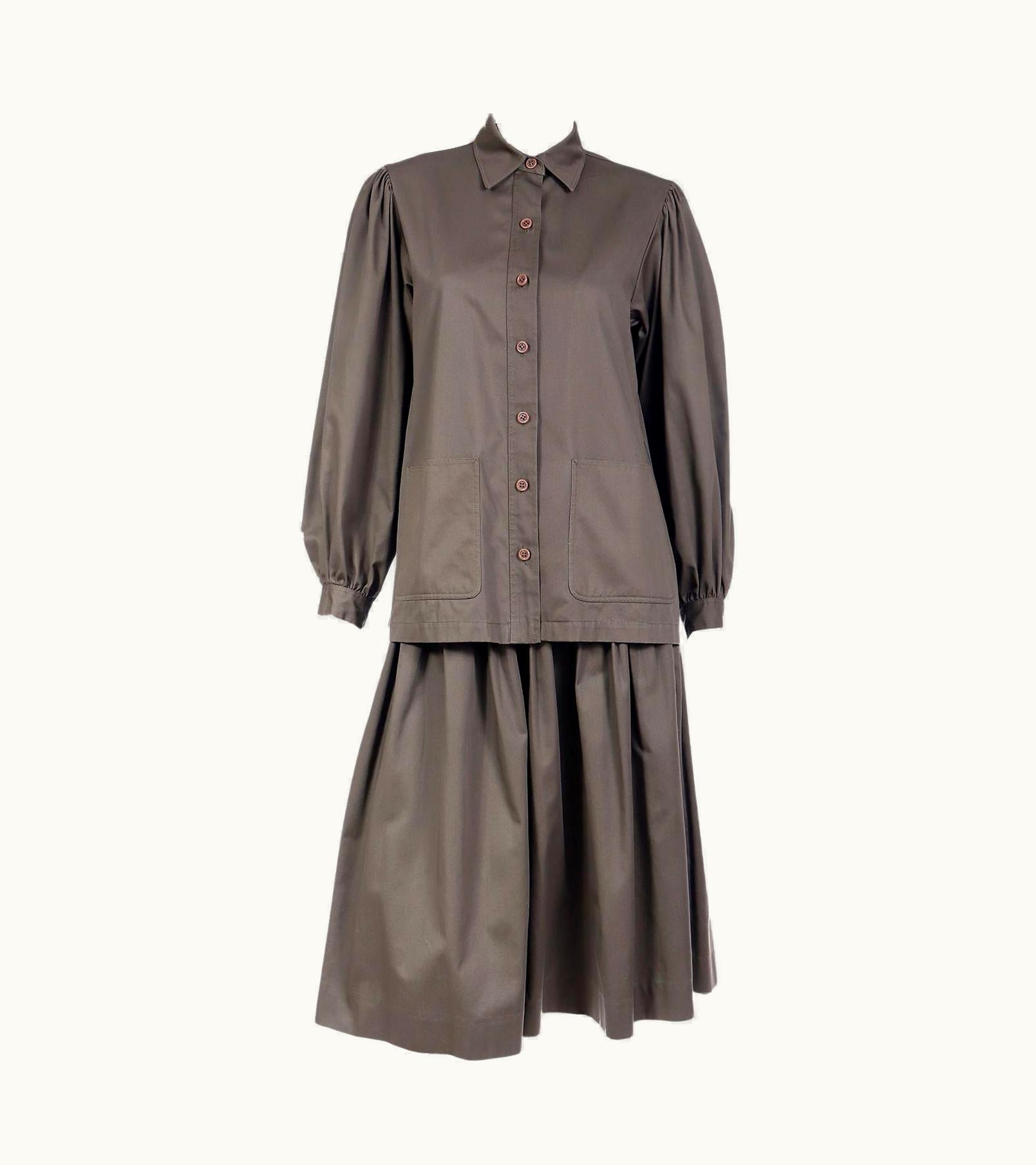 Saint Laurent Yves Saint Laurent Green 2 Piece Jacket Style Oversized Blouse & Skirt Outfit