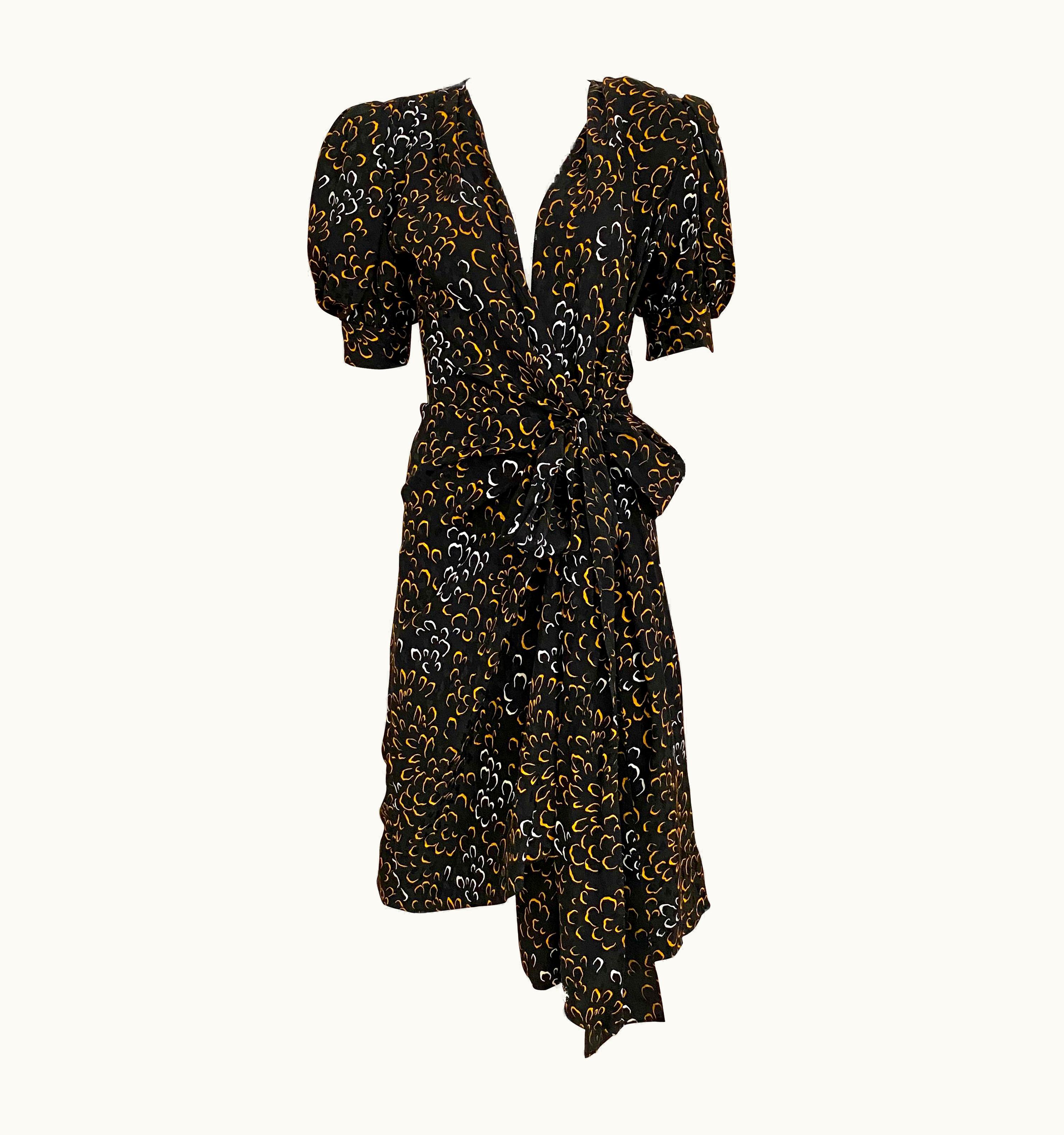 Saint Laurent Vintage Saint Laurent Black And Yellow Print Silk Wrap Dress