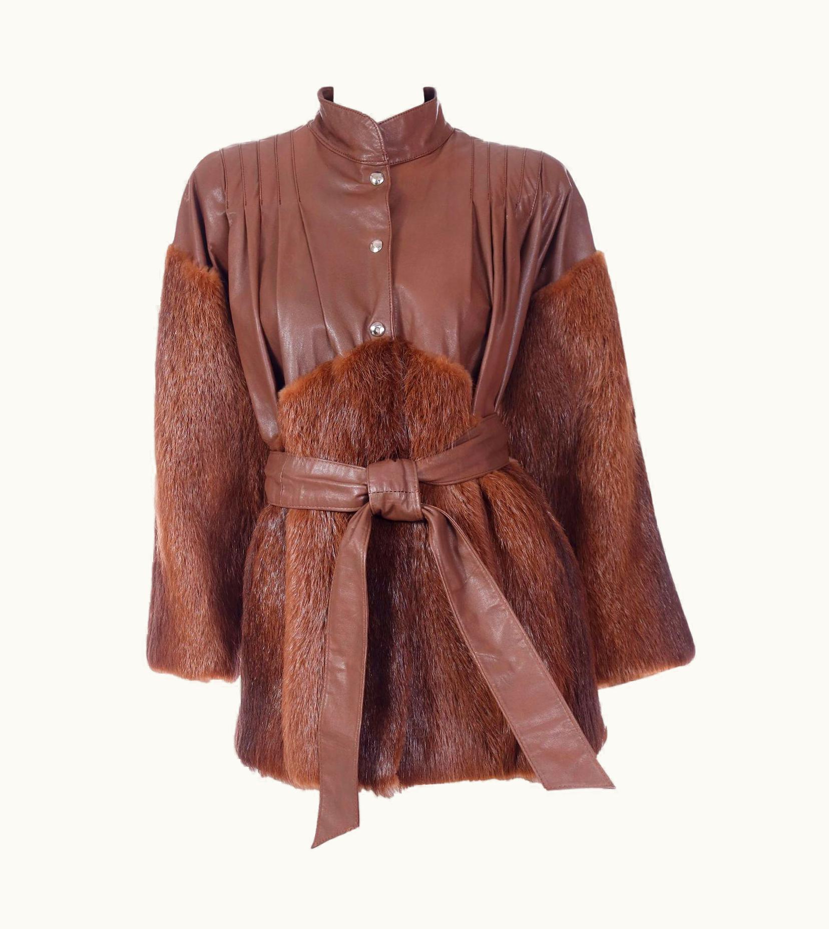 Saint Laurent Yves Saint Laurent Fourrures Vintage Brown Leather And Fur Jacket With Belt