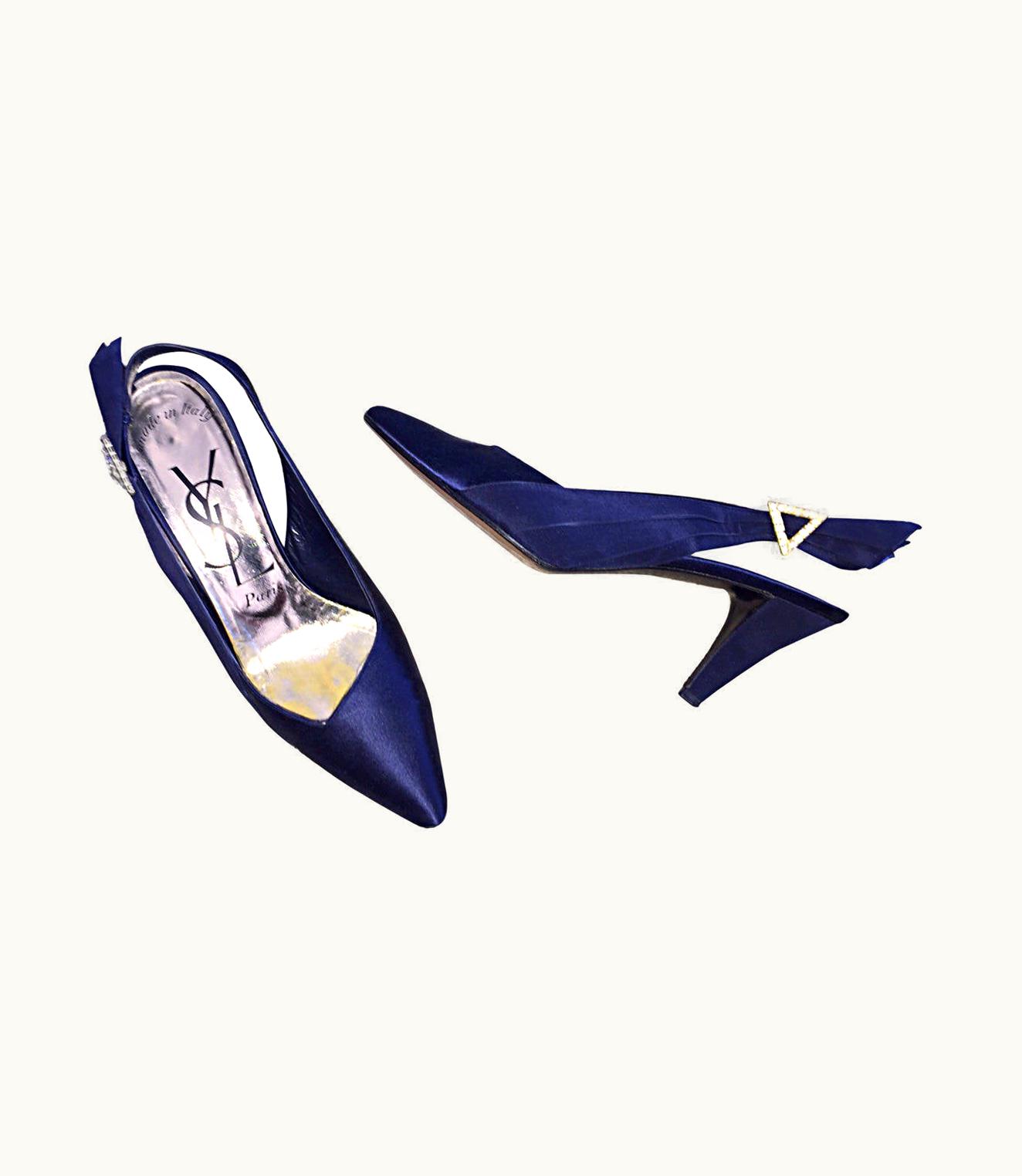 Saint Laurent Yves Saint Laurent Navy Blue 8.5 Rhinestone Vintage Heels Shoes Avant Garde