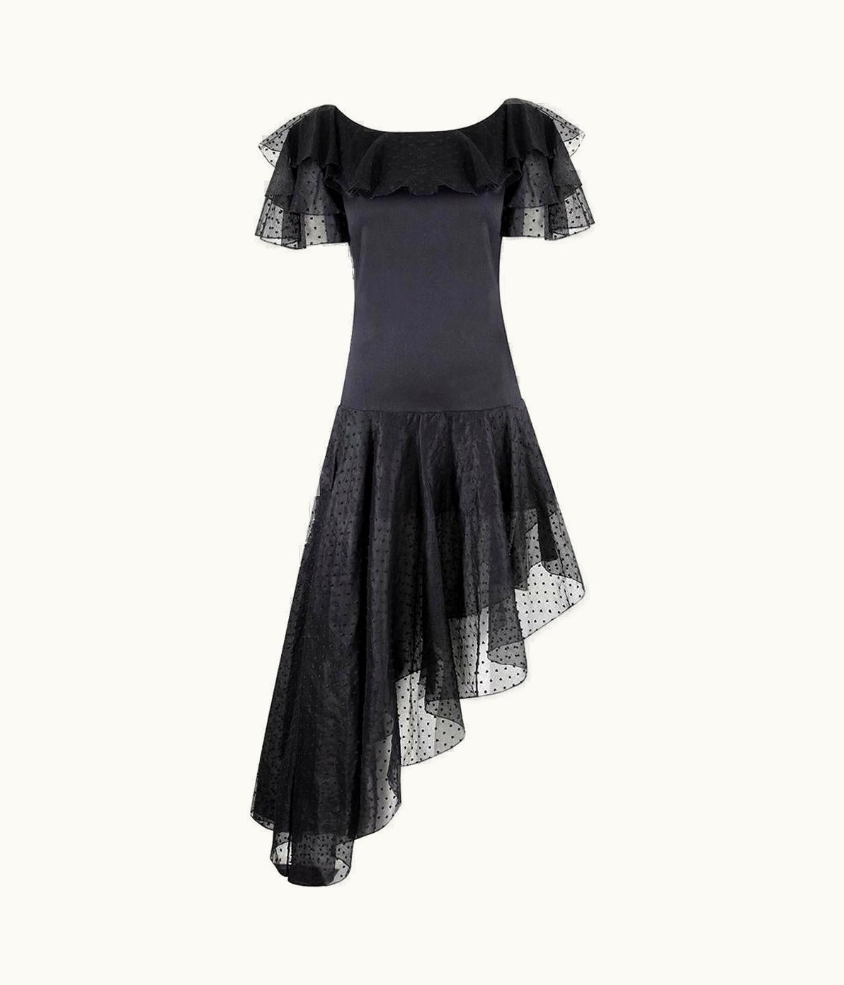 Saint Laurent 1980s Yves Saint Laurent Black Asymetric Dress With Flaminco Style Trim