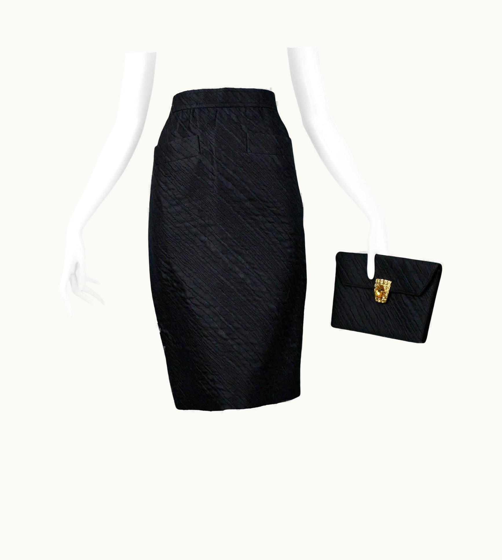 Saint Laurent Yves Saint Laurent YSL Black Pencil Skirt & Gem Clutch Set 1980s