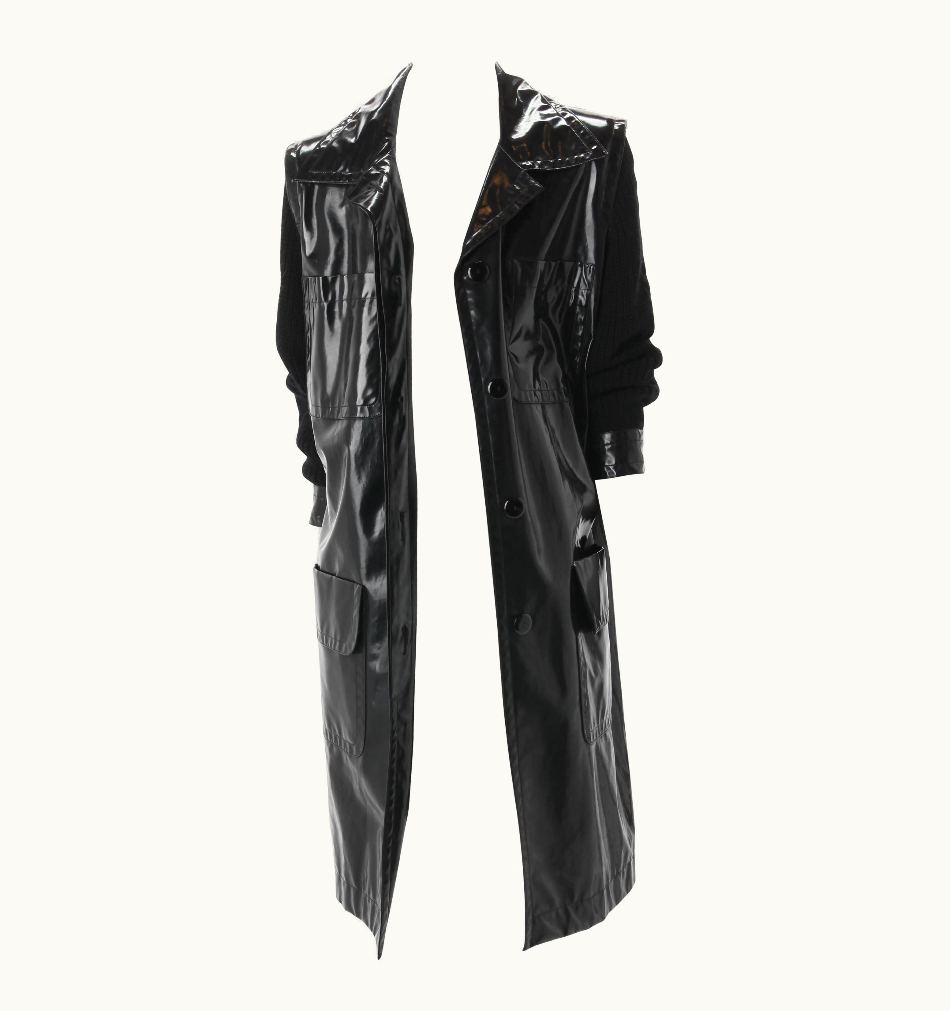 Saint Laurent Yves Saint Laurent Black Patent Trench Coat With Knit Sleeves, C.1980s