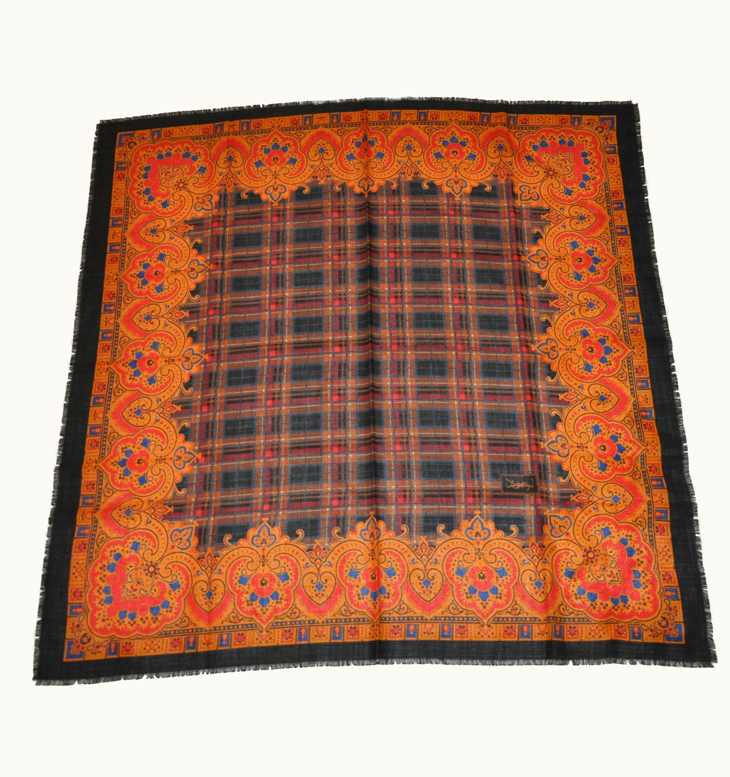 Saint Laurent Yves Saint Laurent Glorious Multi-Plaid & Palseys Border Wool Challis Scarf