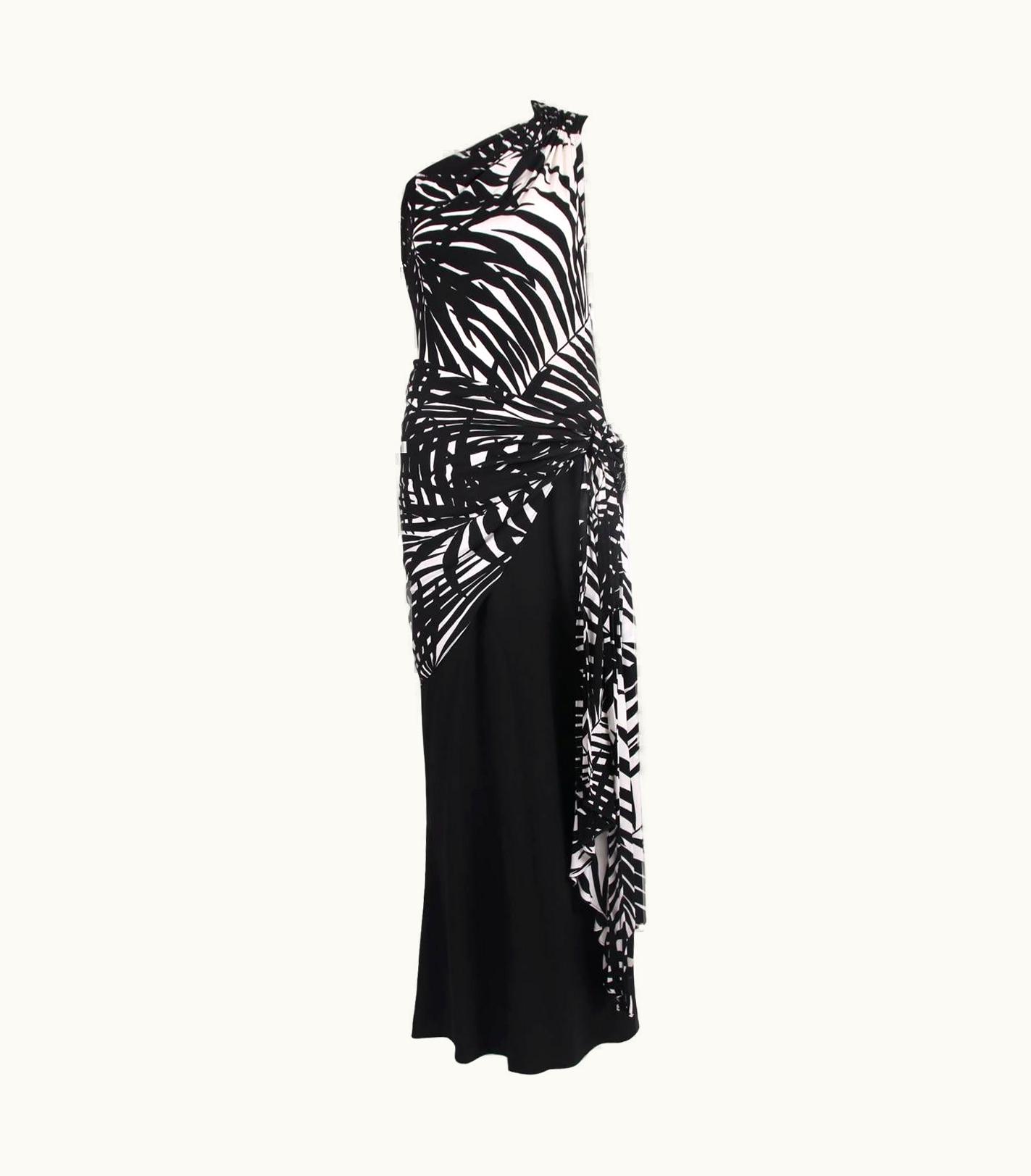 Saint Laurent Yves Saint Laurent Black & White Leaf Print Single Shoulder Gown