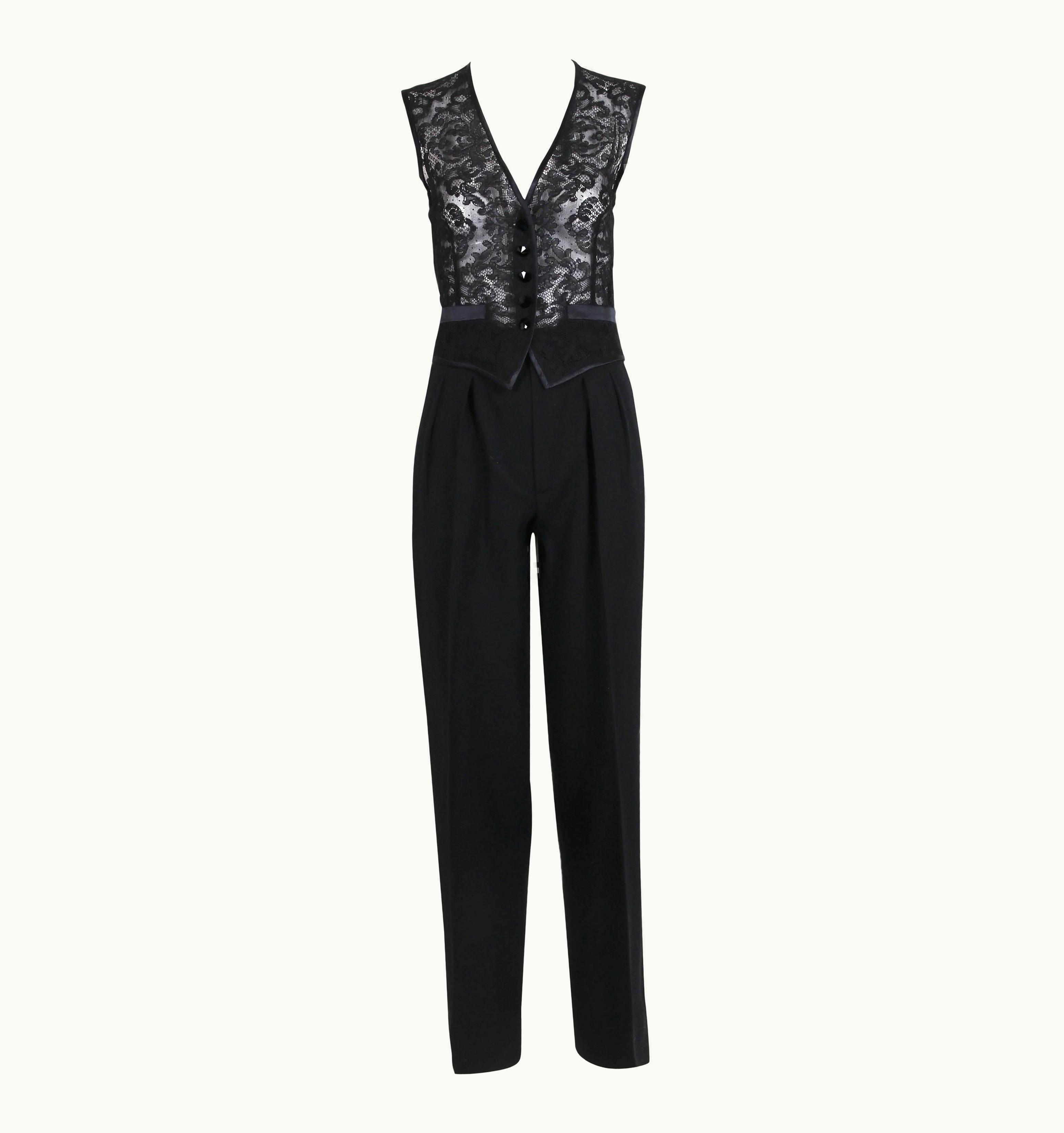 Saint Laurent Yves Saint Laurent Black Tuxedo Pants & Lace Vest w/Matching Satin Trim