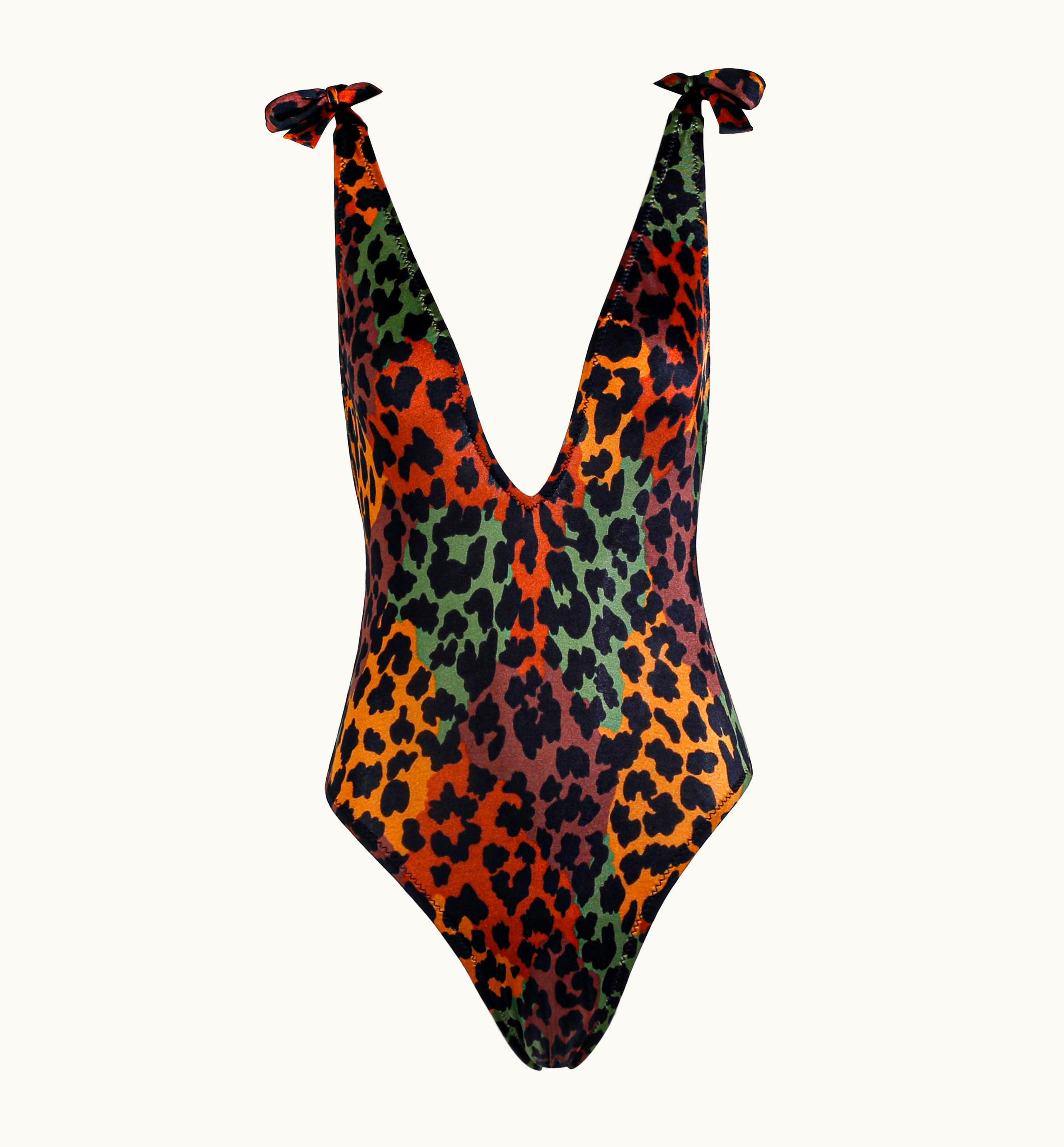 Saint Laurent Yves Saint Laurent Vtg Deep V Plunge Back Leopard Print Strap Swimsuit Bodysuit