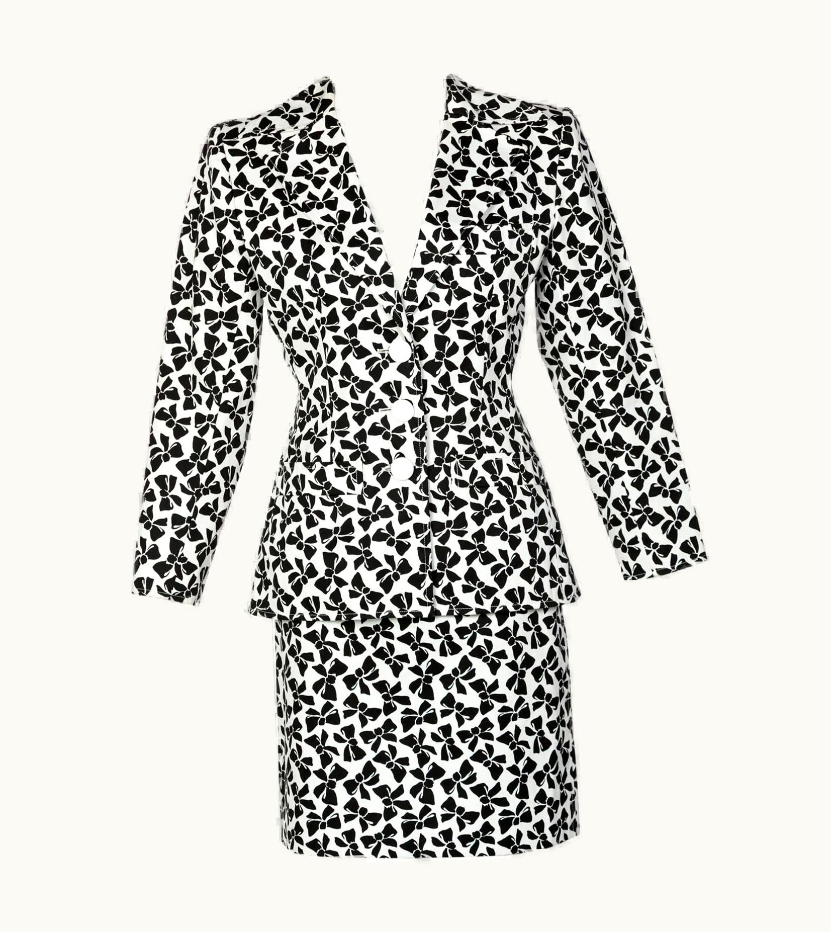 Saint Laurent Yves Saint Laurent Cotton Black And White Bow Print Skirt Suit, 1980s