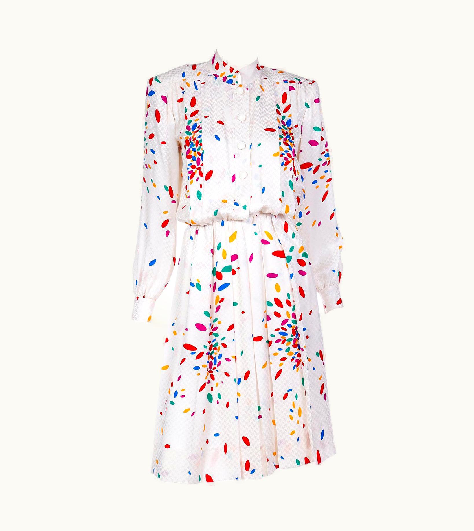 Saint Laurent Yves Saint Laurent Tonal White Print Silk Dress W Colorful Ovals & Polka Dots