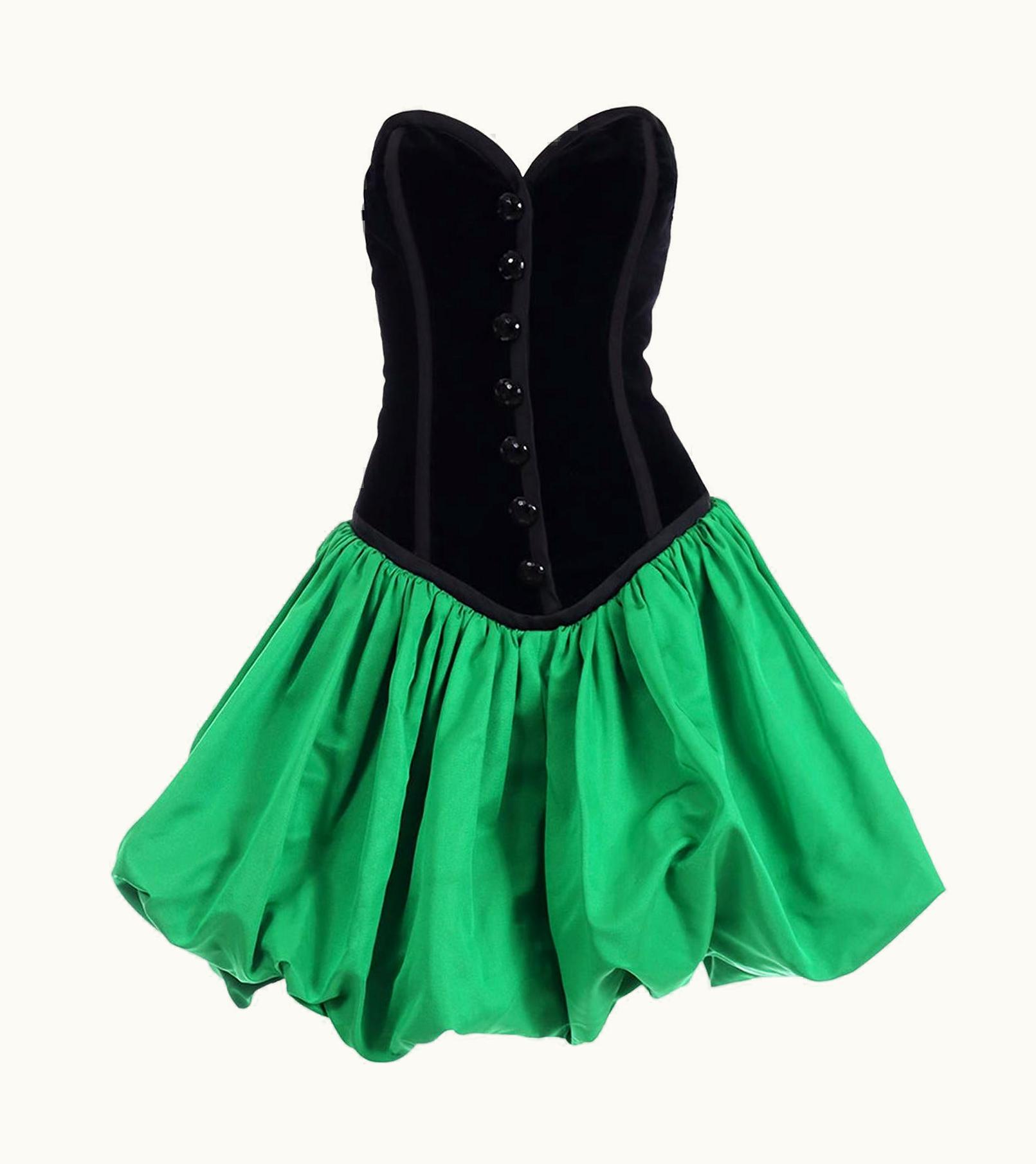 Saint Laurent YSL Yves Saint Laurent 1988 Green Satin Bubble Dress W Black Velvet Bodice