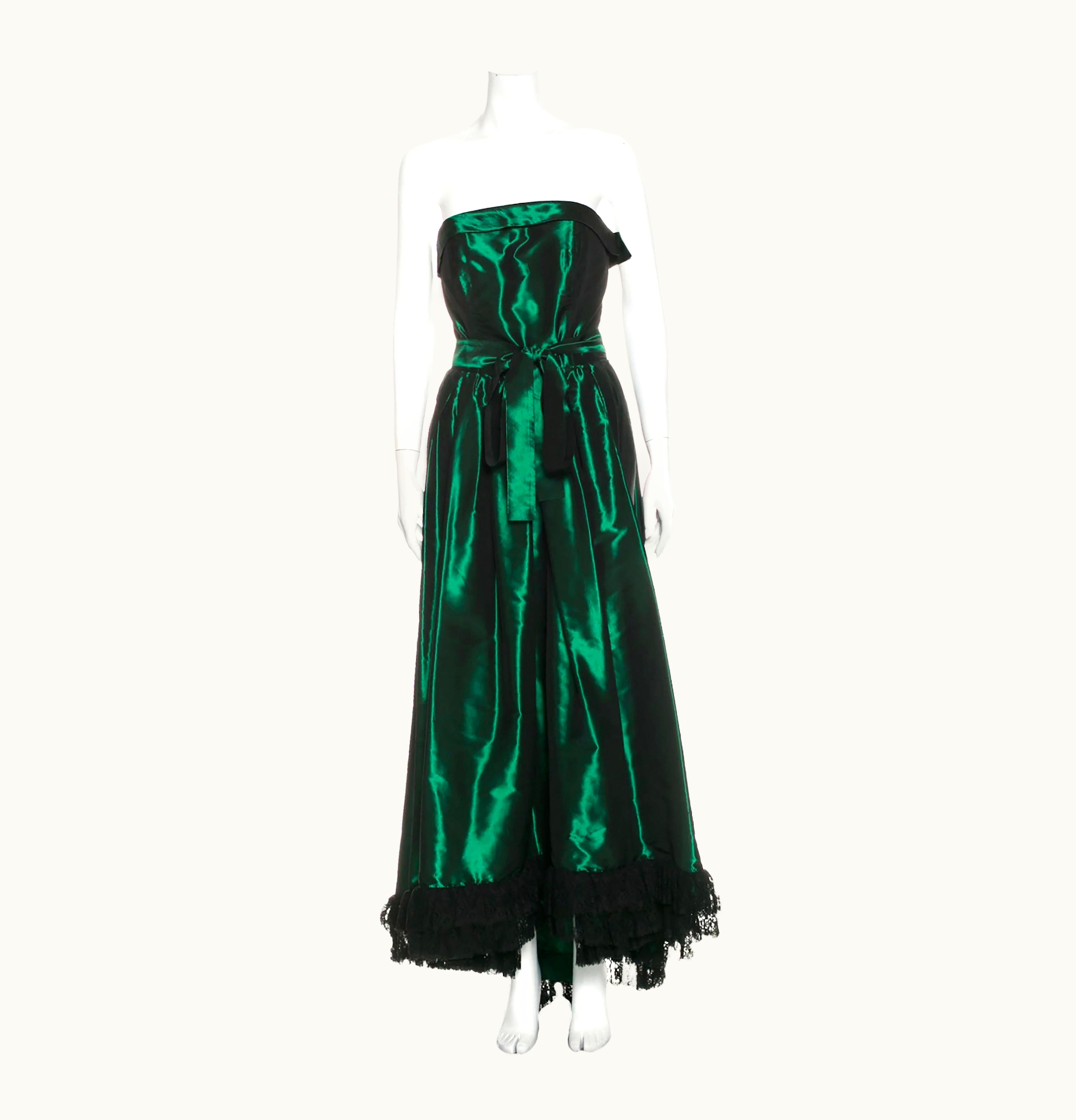 Saint Laurent Yves Saint Laurent Green Taffeta Strapless Gown With Lace Trim And Large Wrap