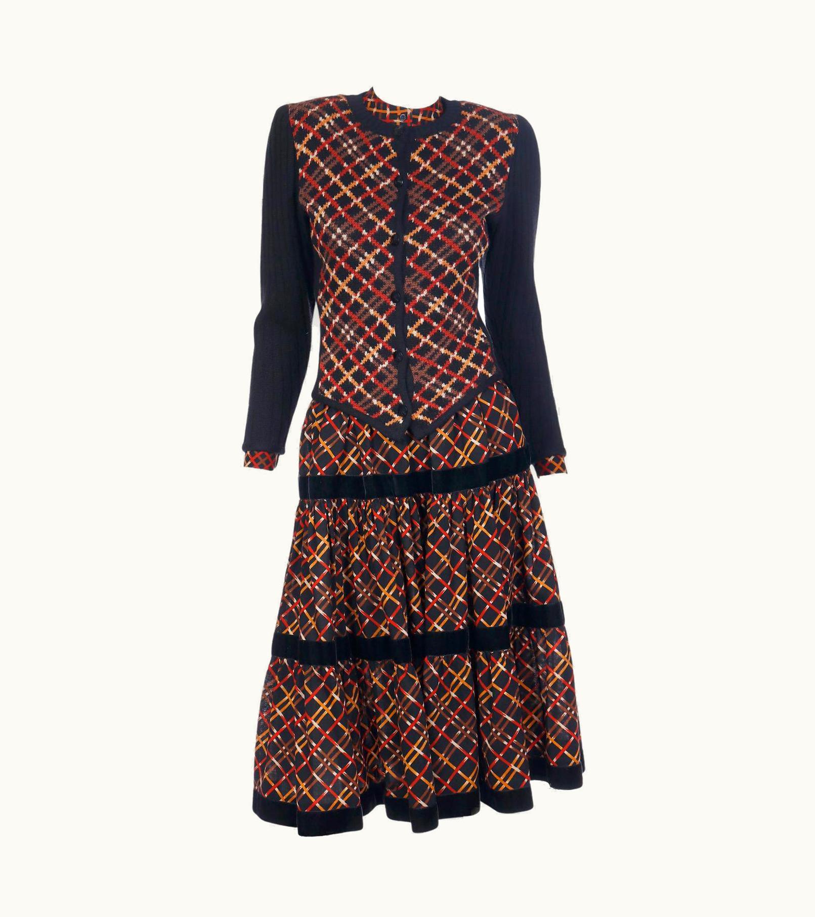 Saint Laurent 1983 Yves Saint Laurent Runway 3 Piece Plaid Wool Skirt Blouse Sweater Outfit