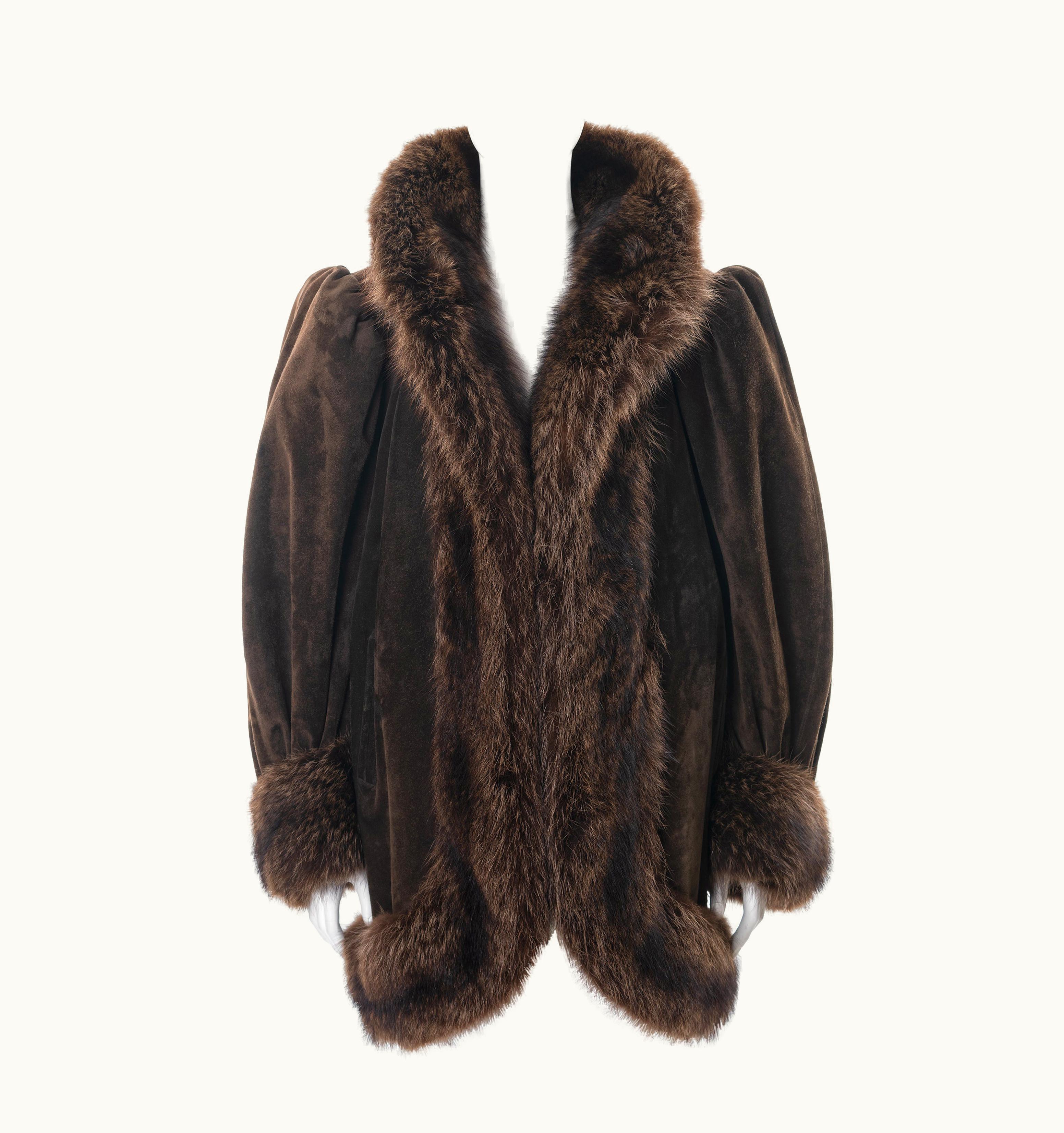 Saint Laurent Yves Saint Laurent Haute Couture Brown Suede And Fur Cocoon Coat, AW 1983
