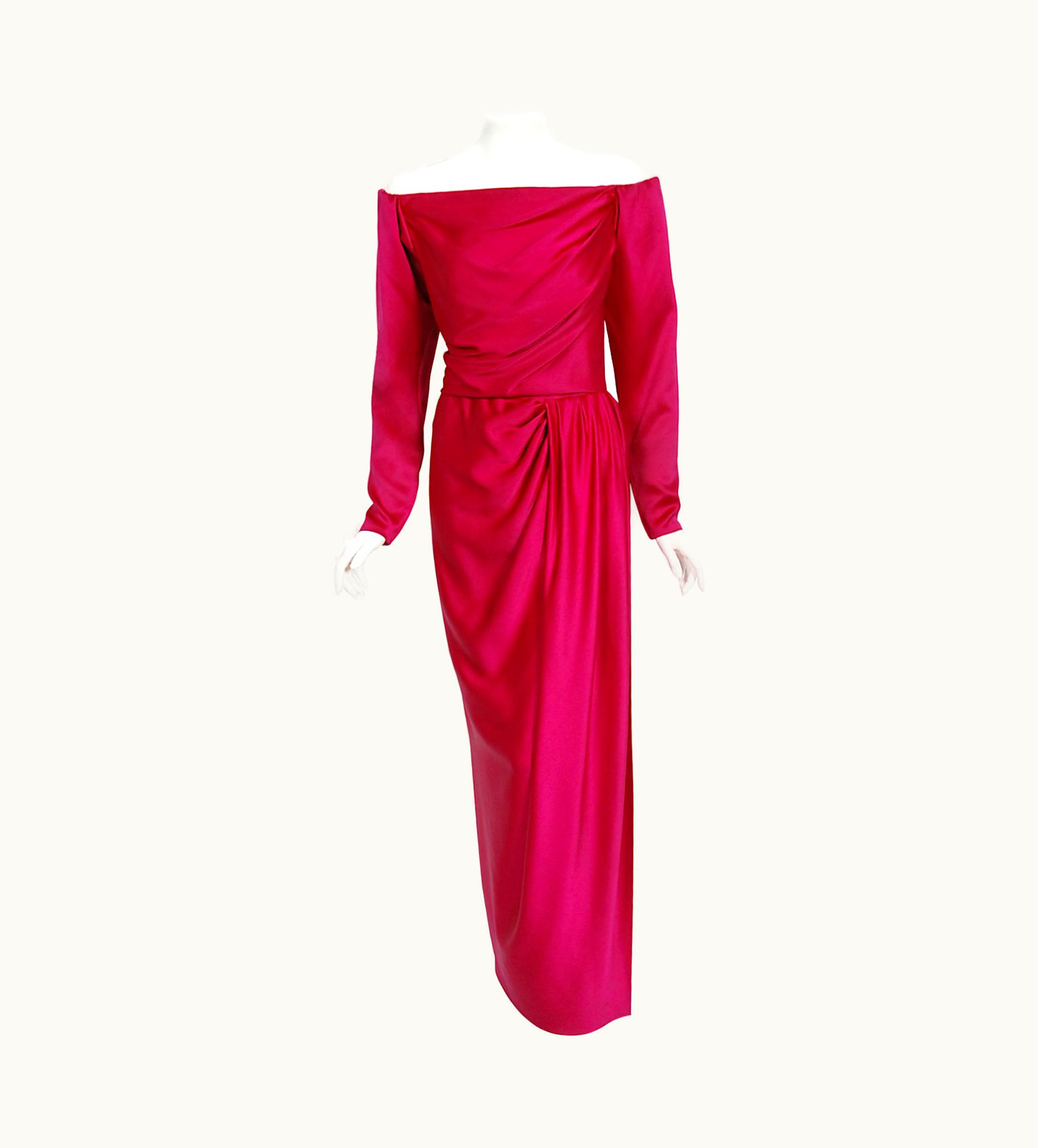 Saint Laurent Vintage 1989 Yves Saint Laurent Haute Couture Pink Silk Off-Shoulder Draped Gown
