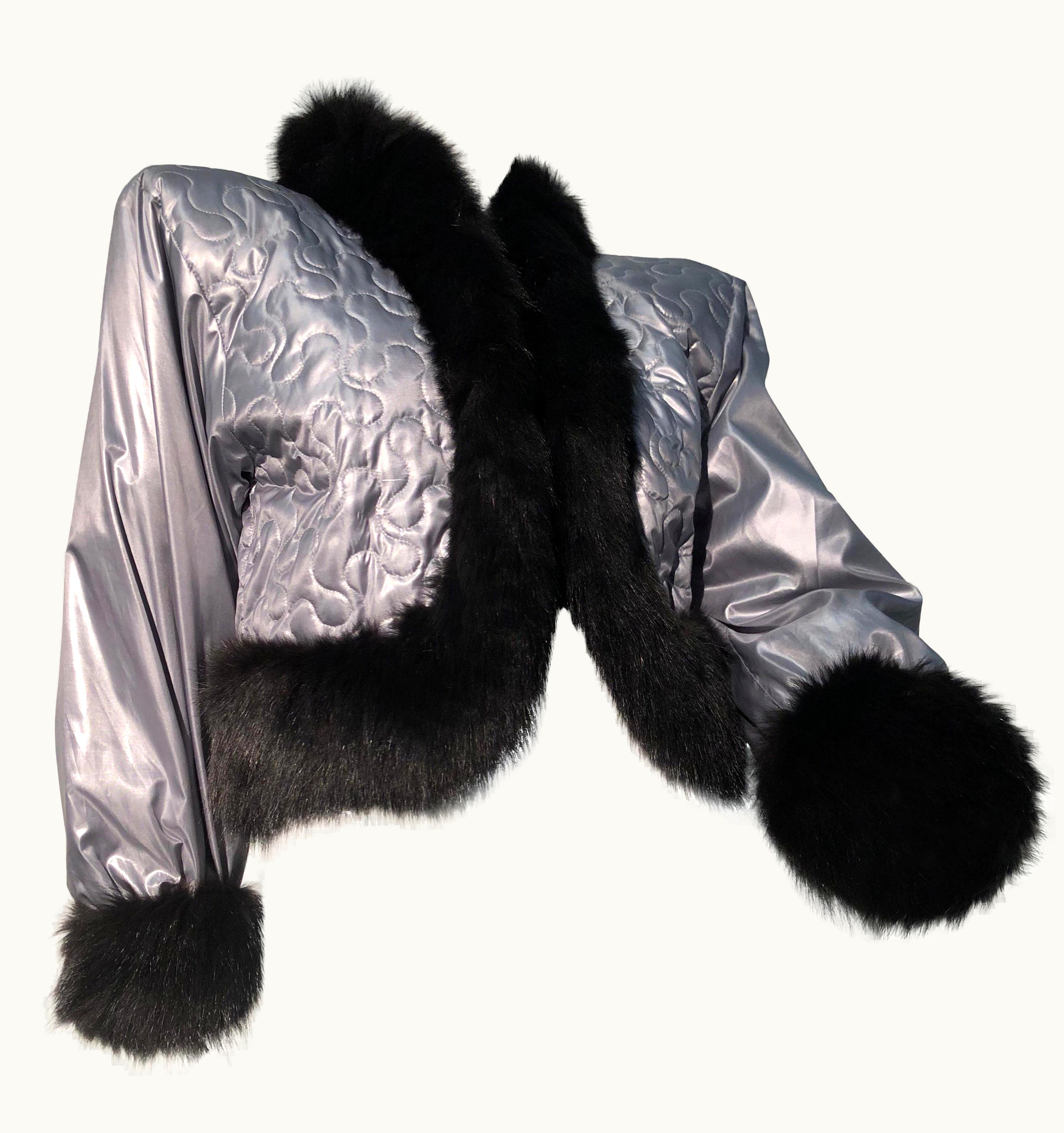 Saint Laurent 1980s Yves Saint Laurent Silver Quilted Nylon Cropped Jacket WS/S Black Fox Fur