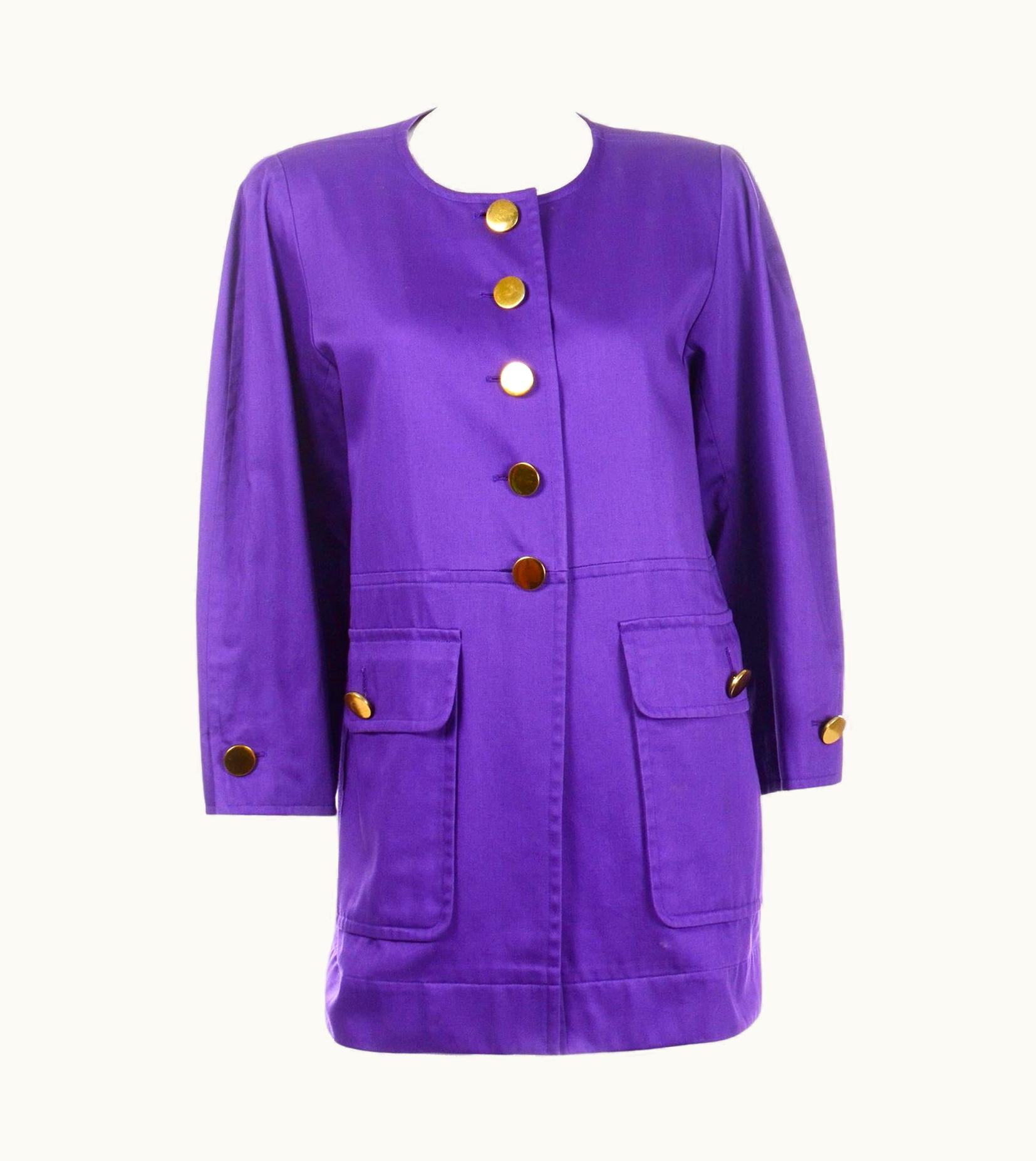 Saint Laurent 1980s Yves Saint Laurent Vintage Long Purple Jacket W Large Gold Buttons