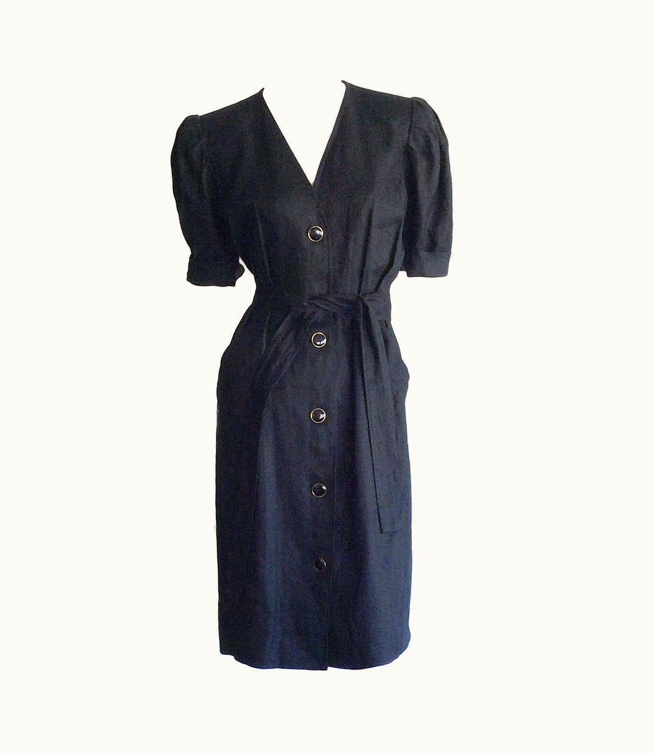 Saint Laurent Vintage Yves Saint Laurent ' Rive Gauche ' Short Sleeve Belted Black Linen Dress