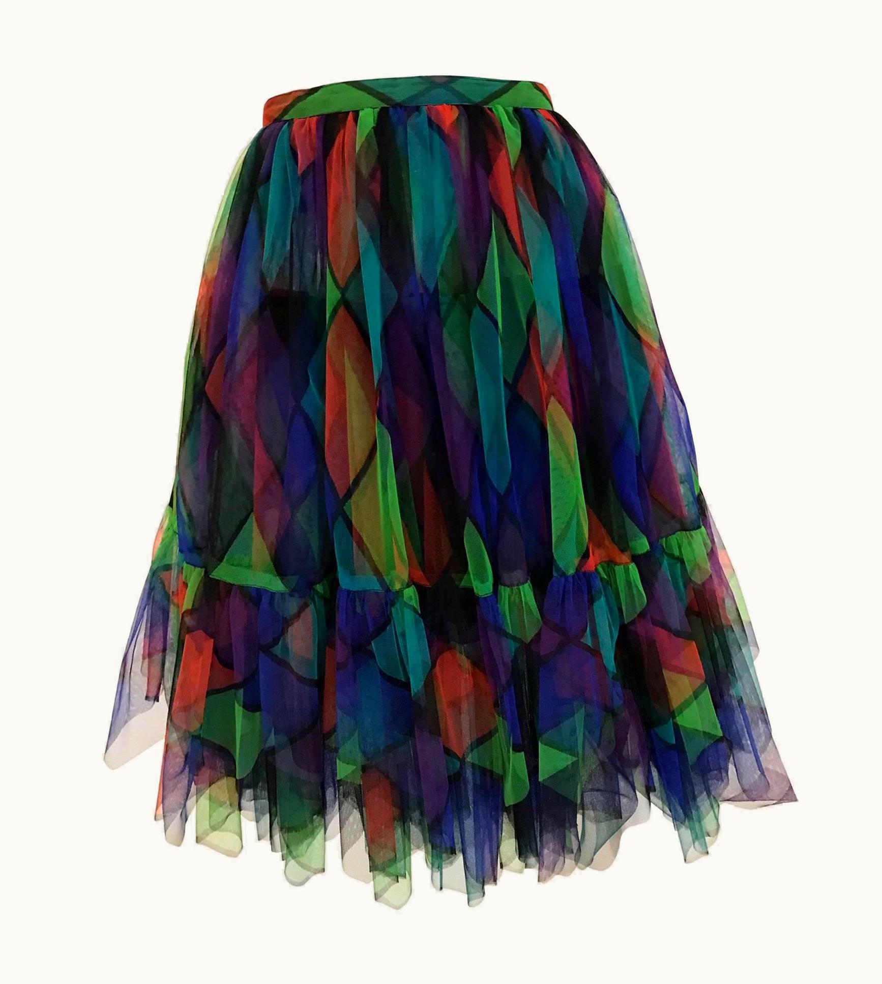 Saint Laurent Vintage Saint Laurent Green And Red Harlequin Print Tulle Skirt