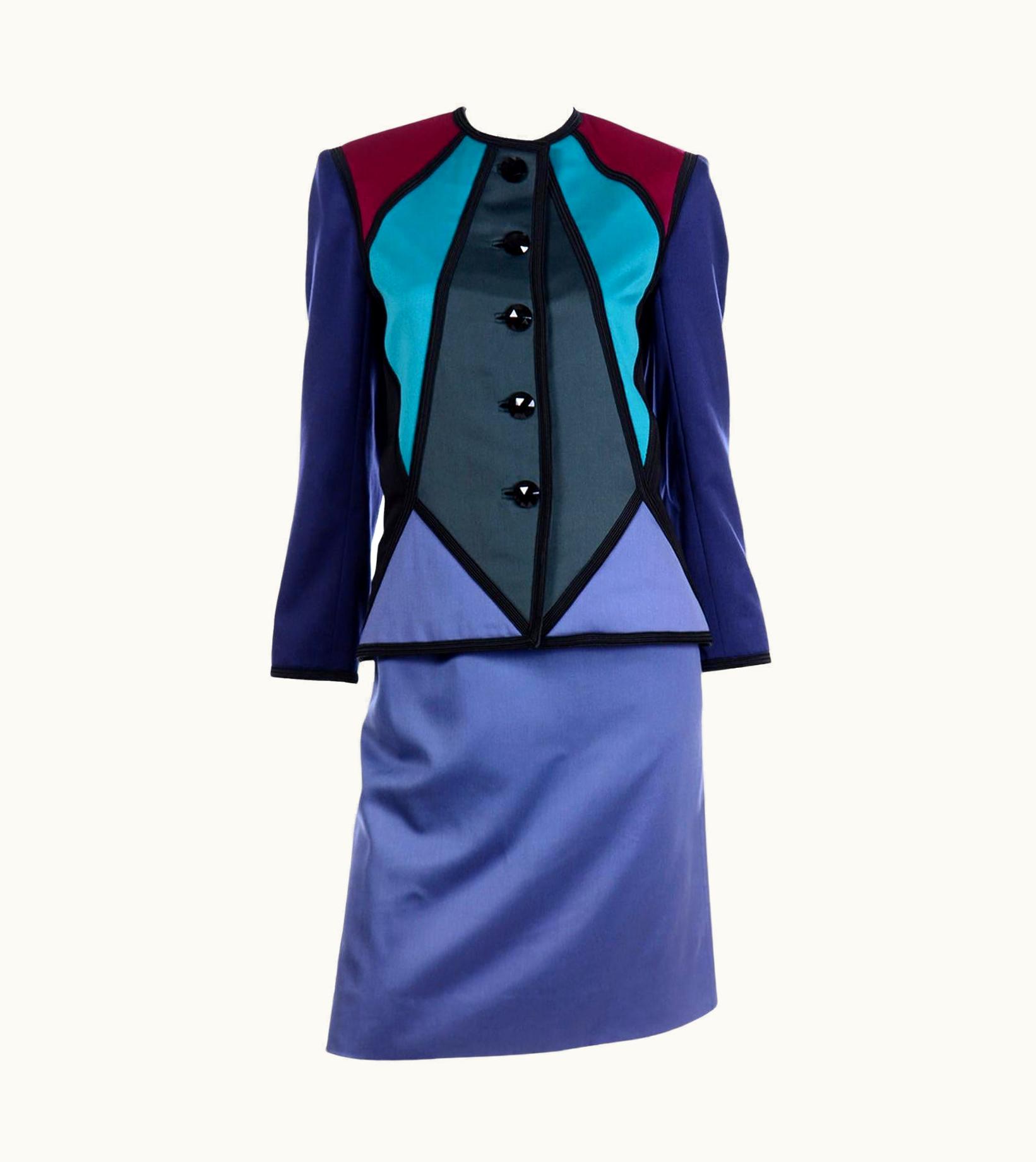 Saint Laurent 1988 Runway Yves Saint Laurent Geometric Color Block Suit W Jacket & 2 Skirts