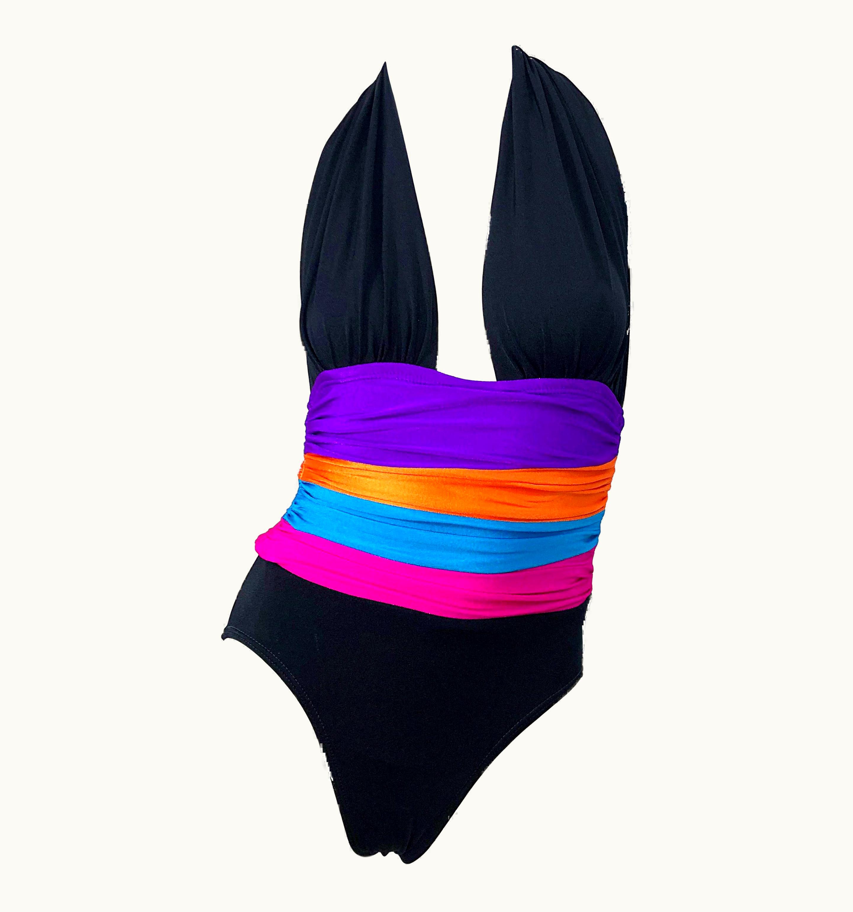 Saint Laurent 1980s Yves Saint Laurent Plunging Halter One Piece 80s Bodysuit Swimsuit