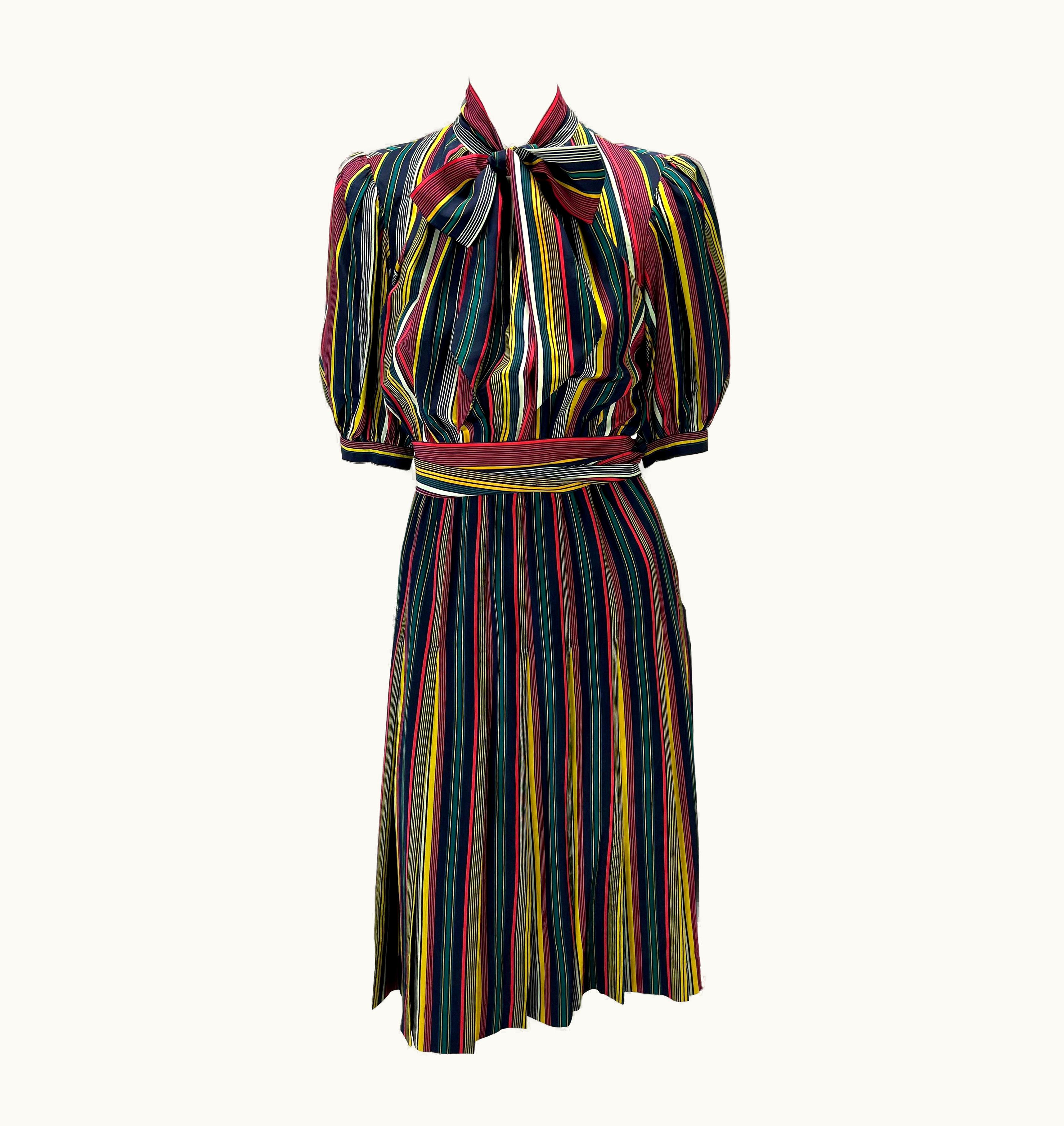 Saint Laurent 1980s Saint Laurent Rive Gauche Multicolor Stripe Silk Pleated Flare Dress