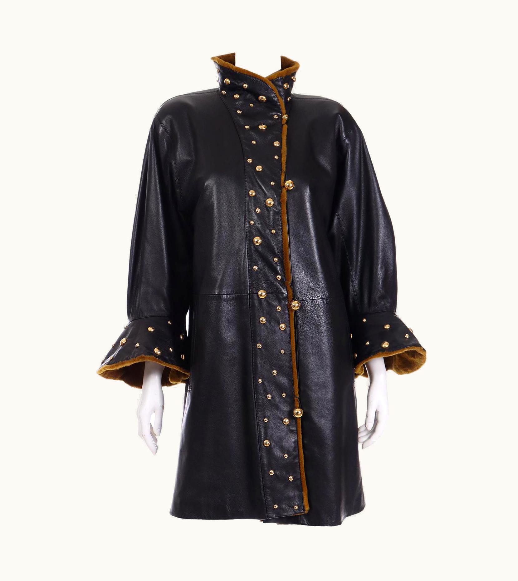 Saint Laurent Yves Saint Laurent Vintage Black Leather YSL Coat W Sheared Fur And Gold Studs