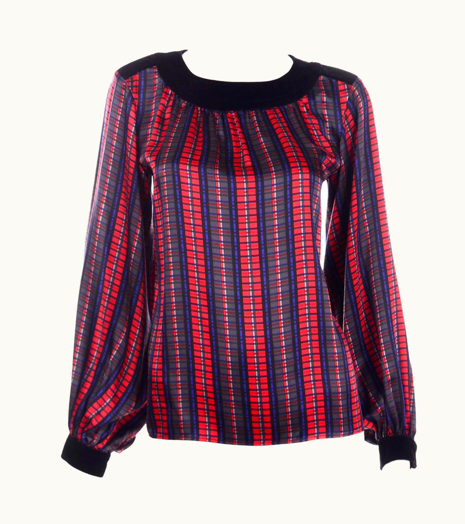 Saint Laurent Yves Saint Laurent Plaid Silk And Black Velvet Vintage Long Sleeve Top