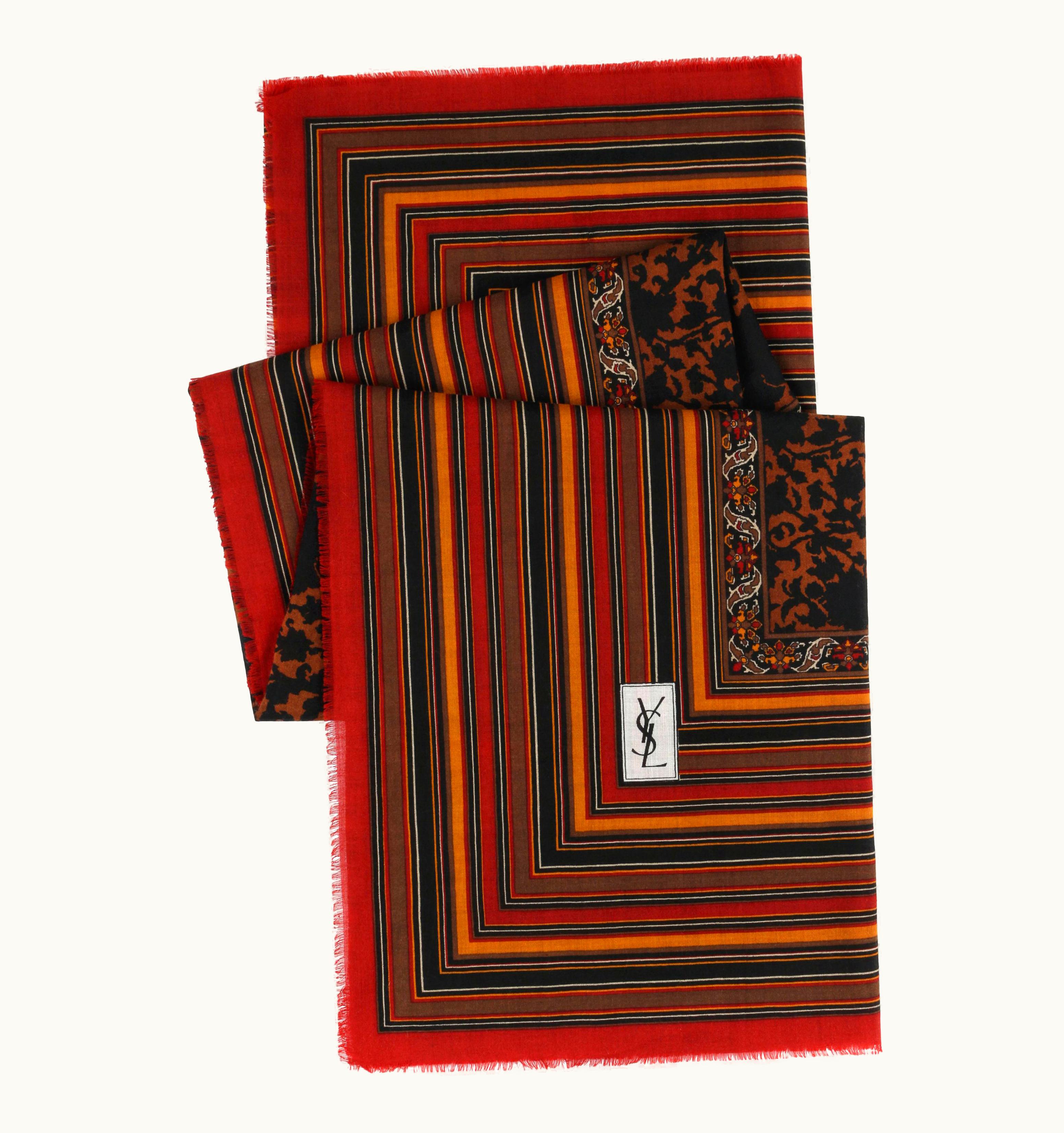 Saint Laurent Yves Saint Laurent Foulards AW 1983 YSL Striped & Floral Wool Silk Scarf S/S Wrap