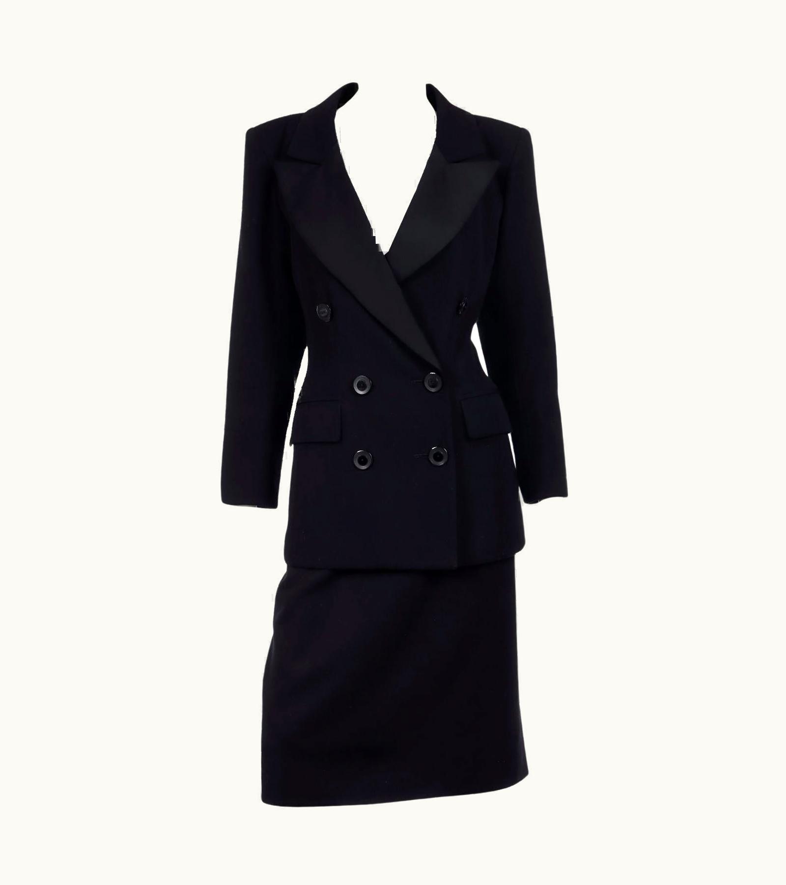 Saint Laurent Vintage 1987 S/S Yves Saint Laurent 2 Pc Black Wool Skirt & Jacket Suit