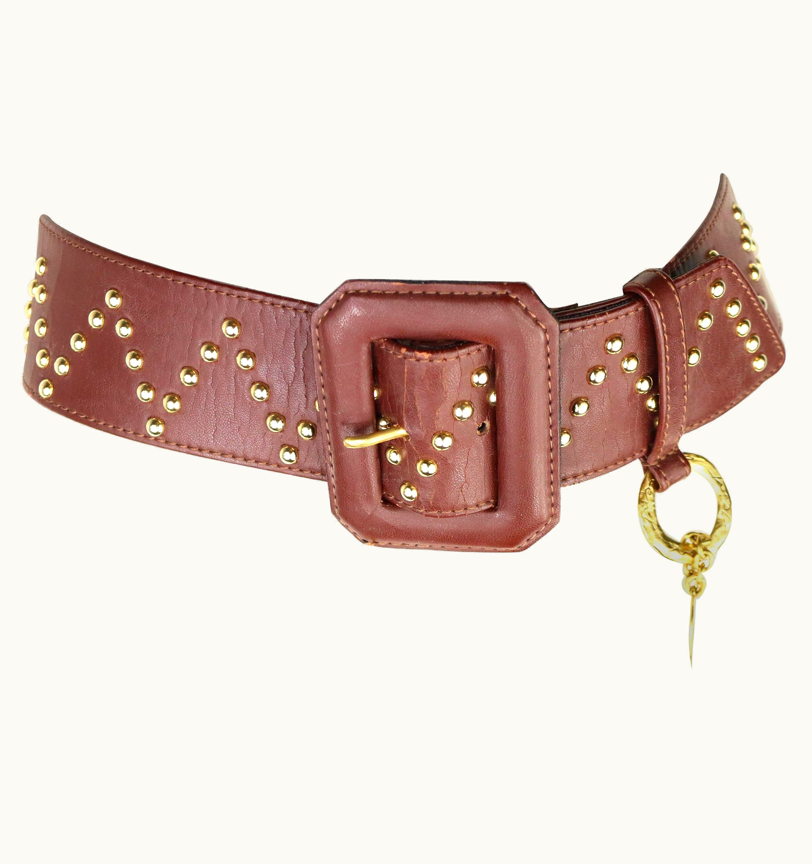 Saint Laurent Yves Saint Laurent Brown Leather Gold Toned Studs With Gold Heart Charm Belt