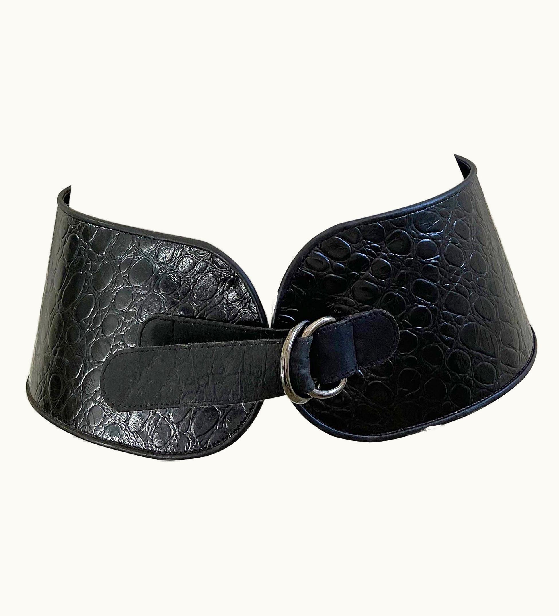 Saint Laurent Yves Saint Laurent AW 87 Runway Black Croc Embossed Leather Vintage 80s Belt