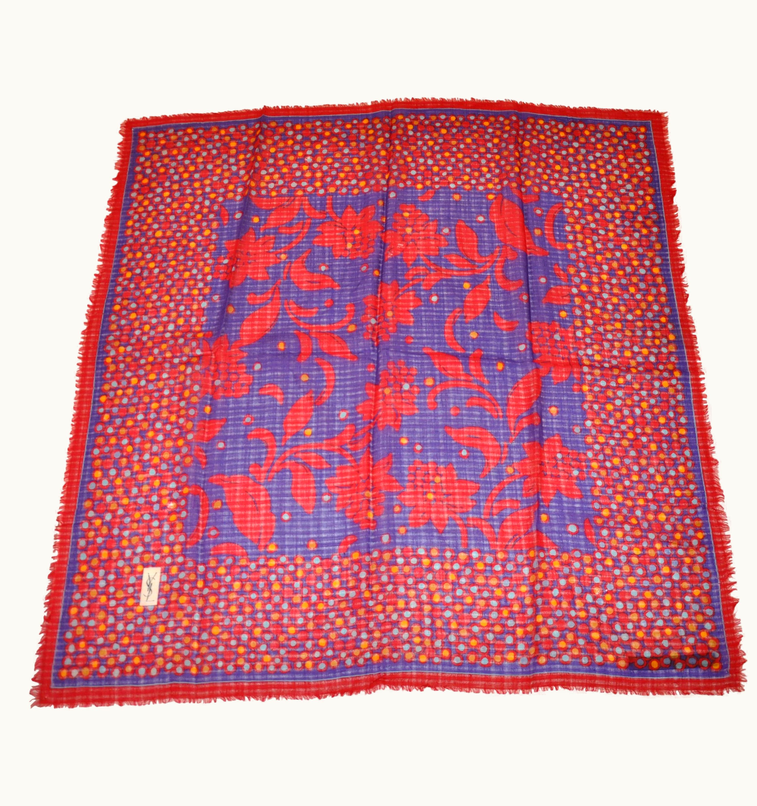 Saint Laurent Yves Saint Laurent Red & Lapis Floral With Multi Color Border Wool Challis Scarf