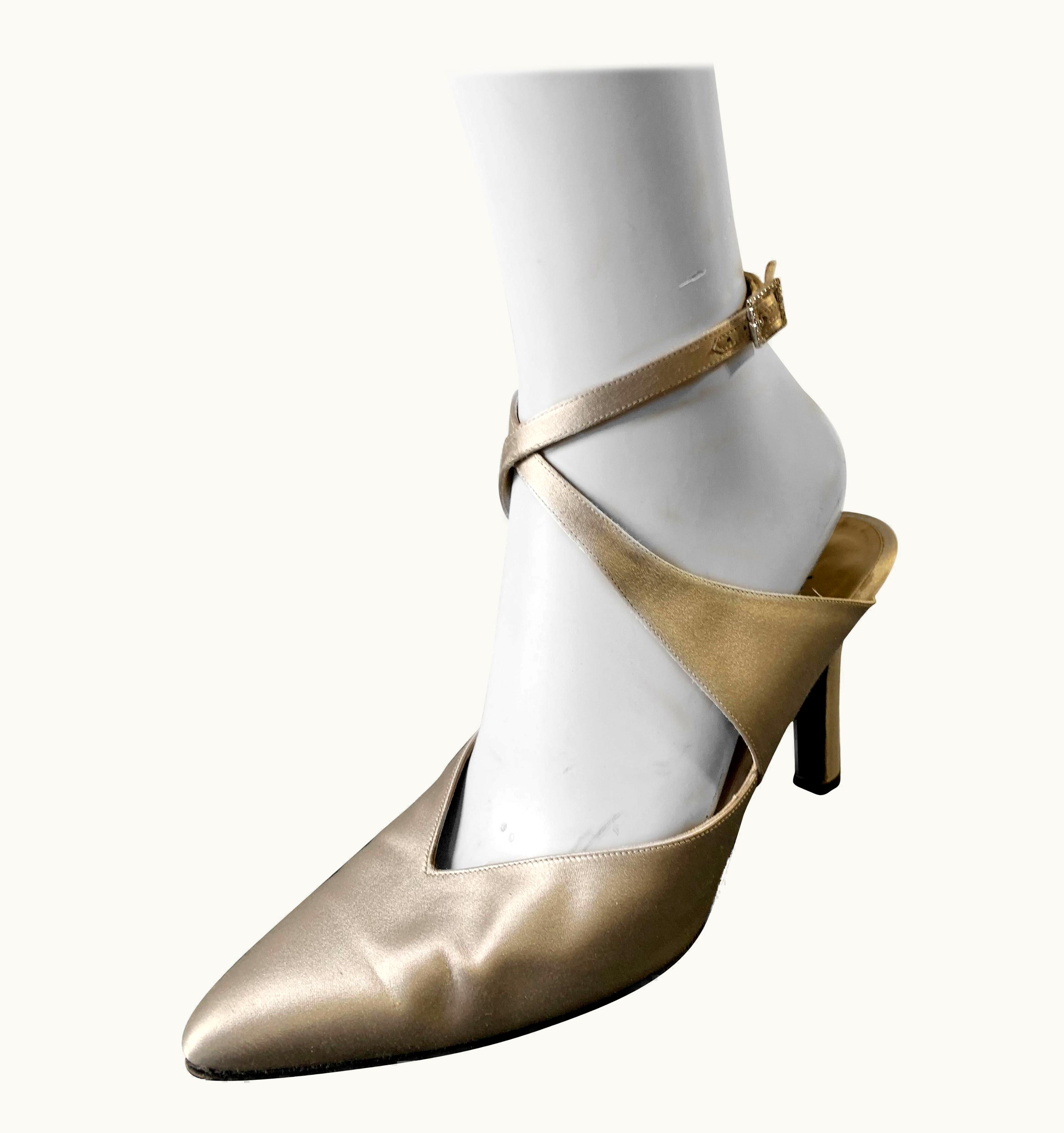 Saint Laurent 1980s Yves Saint Laurent Silver Satin Ankle-Cross Stillettos WS/S Pointed Toe