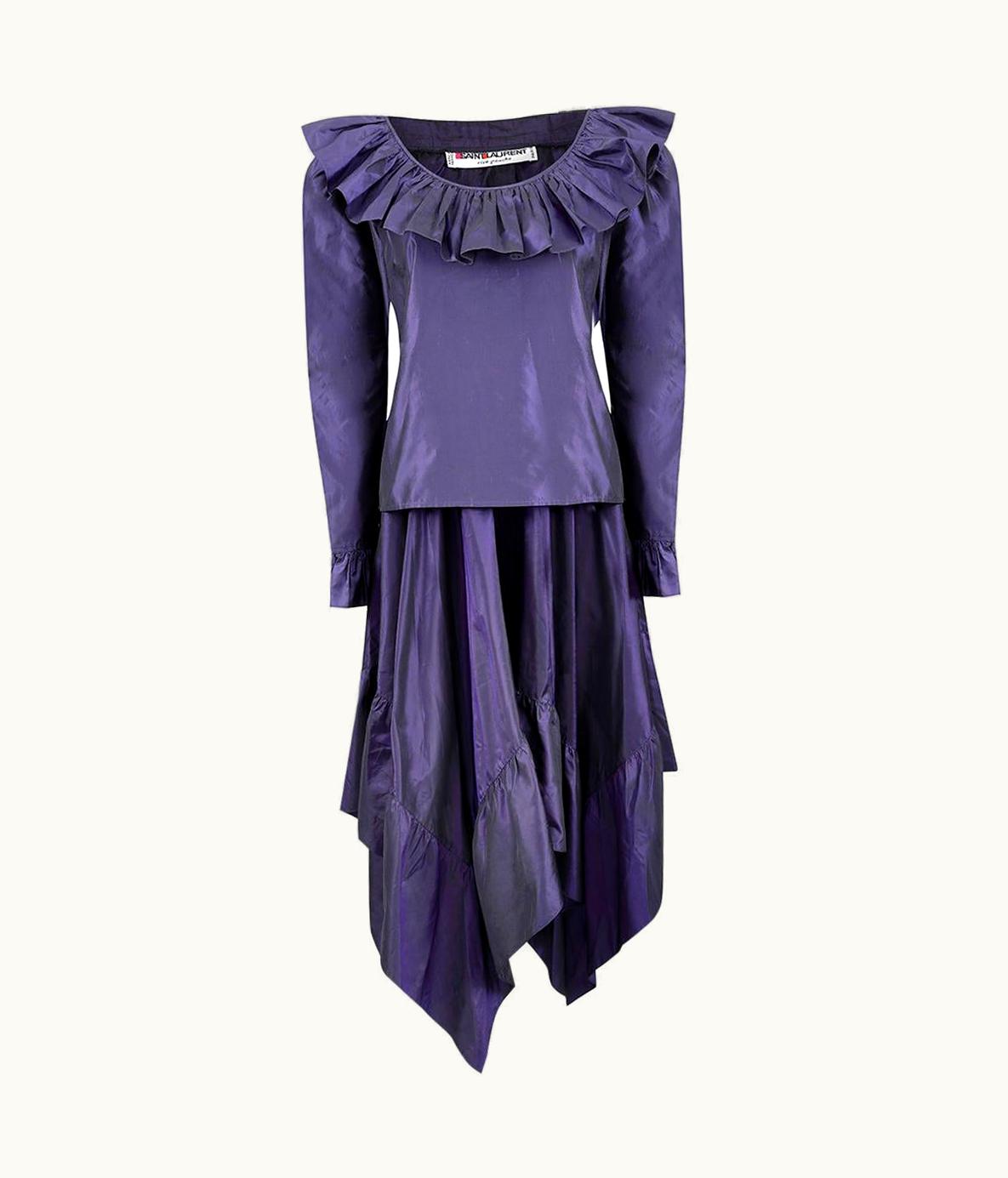 Saint Laurent 1970s Yves Saint Laurent Rich Purple Taffeta Ruffle Skirt Set