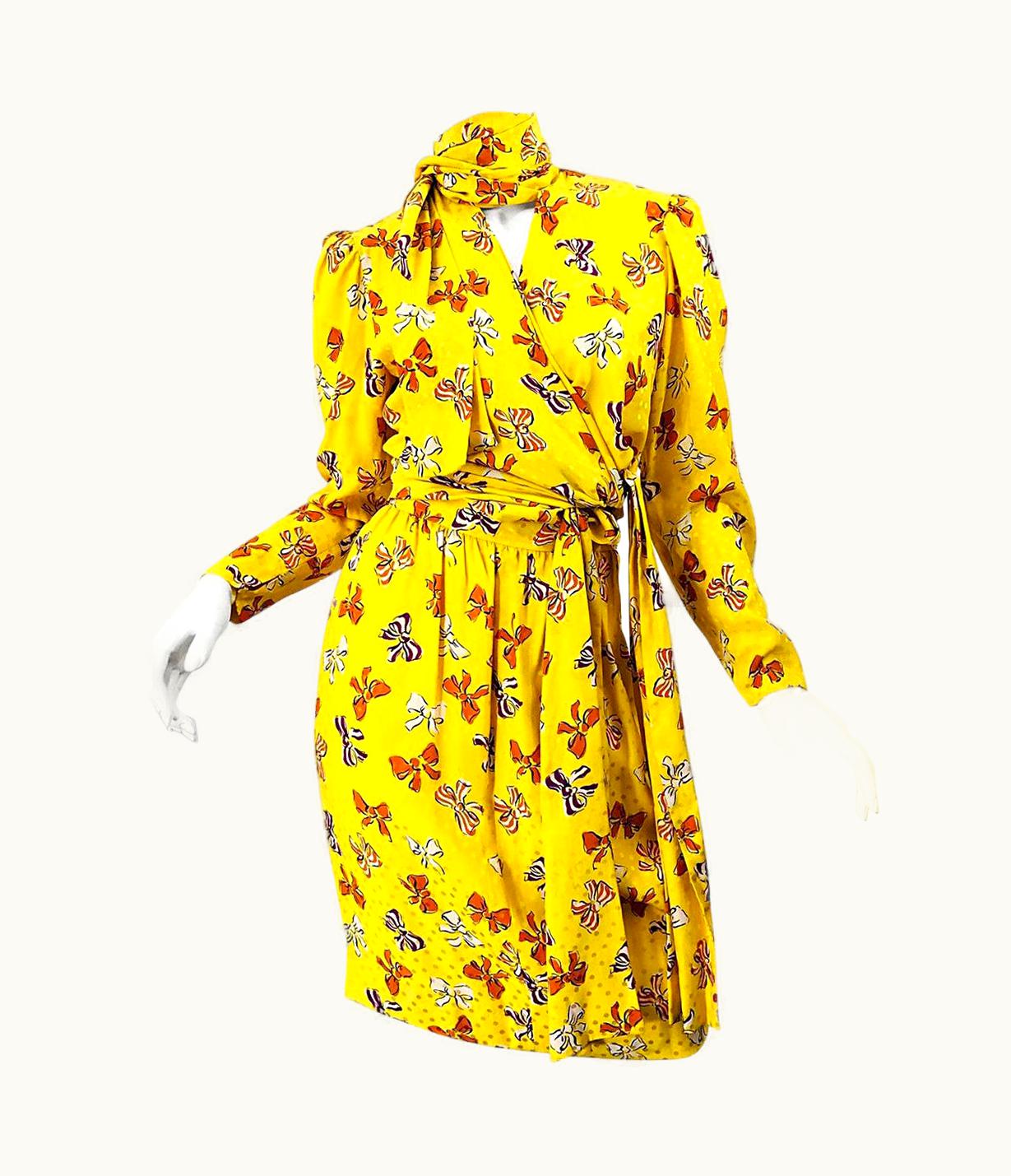 Saint Laurent Yves Saint Laurent S/S 1987 Runway YSL Yellow Bow Print Silk Blouse + Skirt Dress