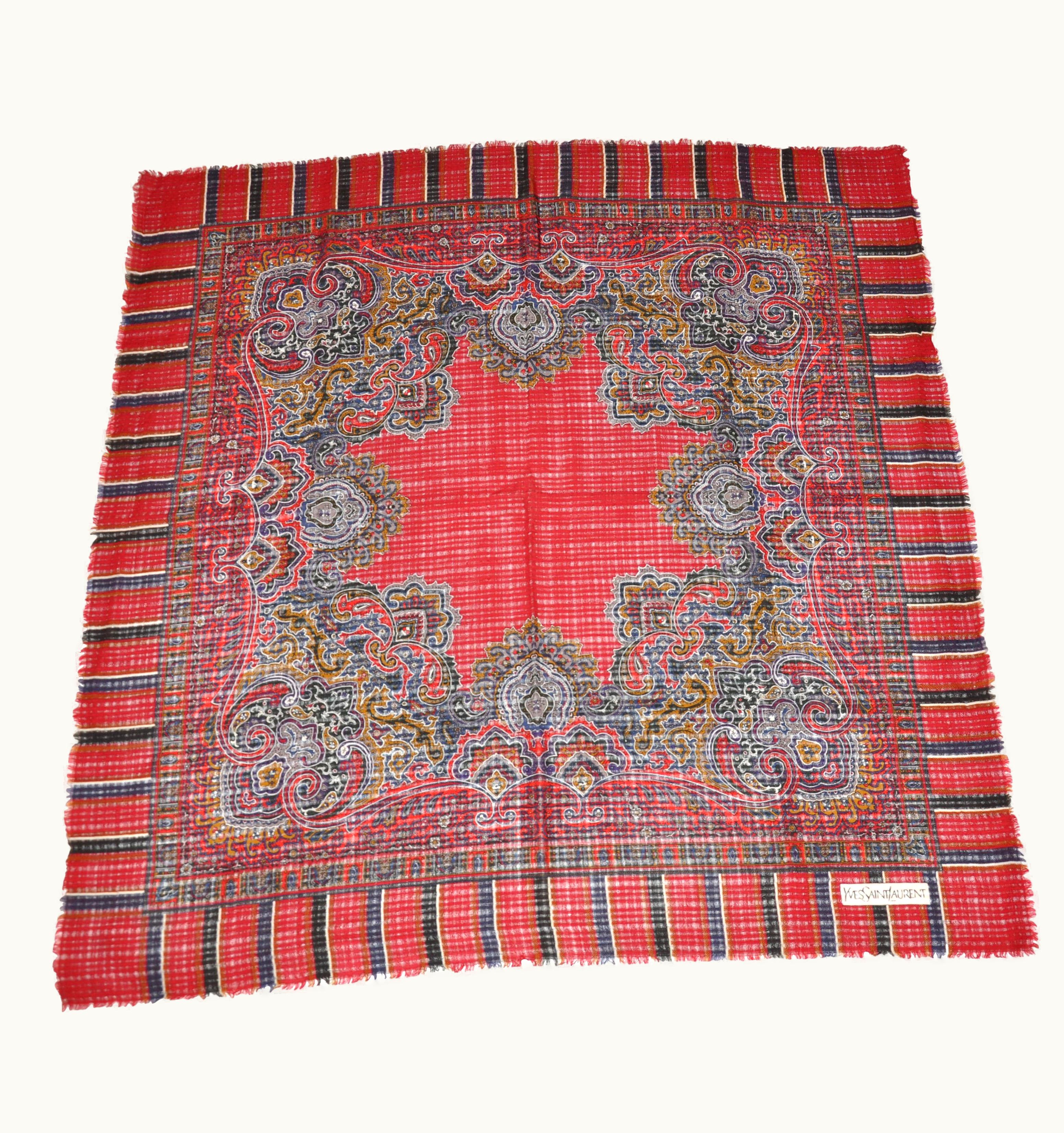 Saint Laurent Yves Saint Laurent Rich Burgundy & Navy Border Wool Challis Fringed Scarf