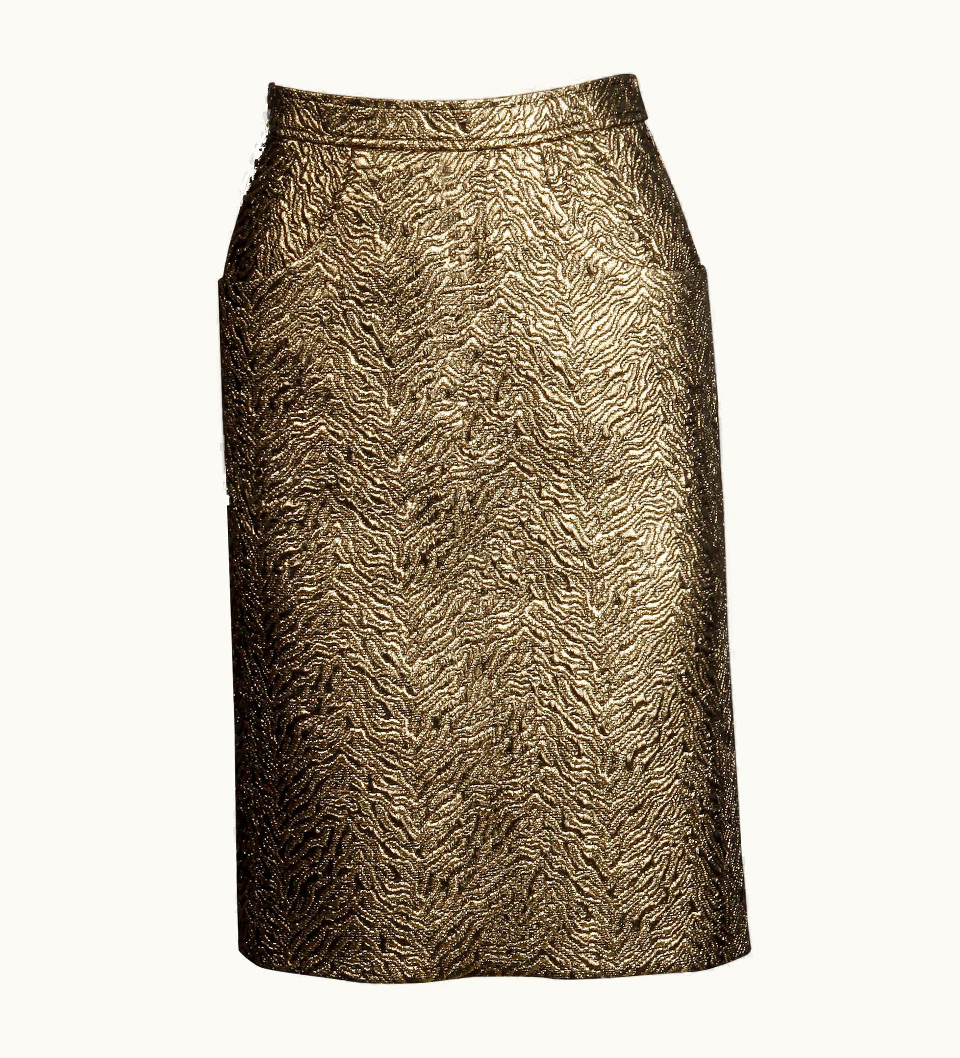 Saint Laurent 1980s Yves Saint Laurent Rive Gauche Vintage Quilted Metallic Gold Pencil Skirt
