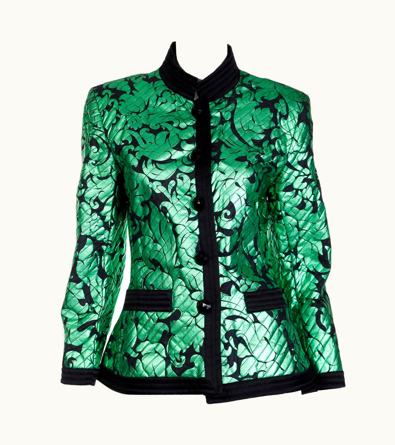 Saint Laurent Yves Saint Laurent AW 1986 S/S 87 Green Lame Jacket With Quilted Black Satin Trim