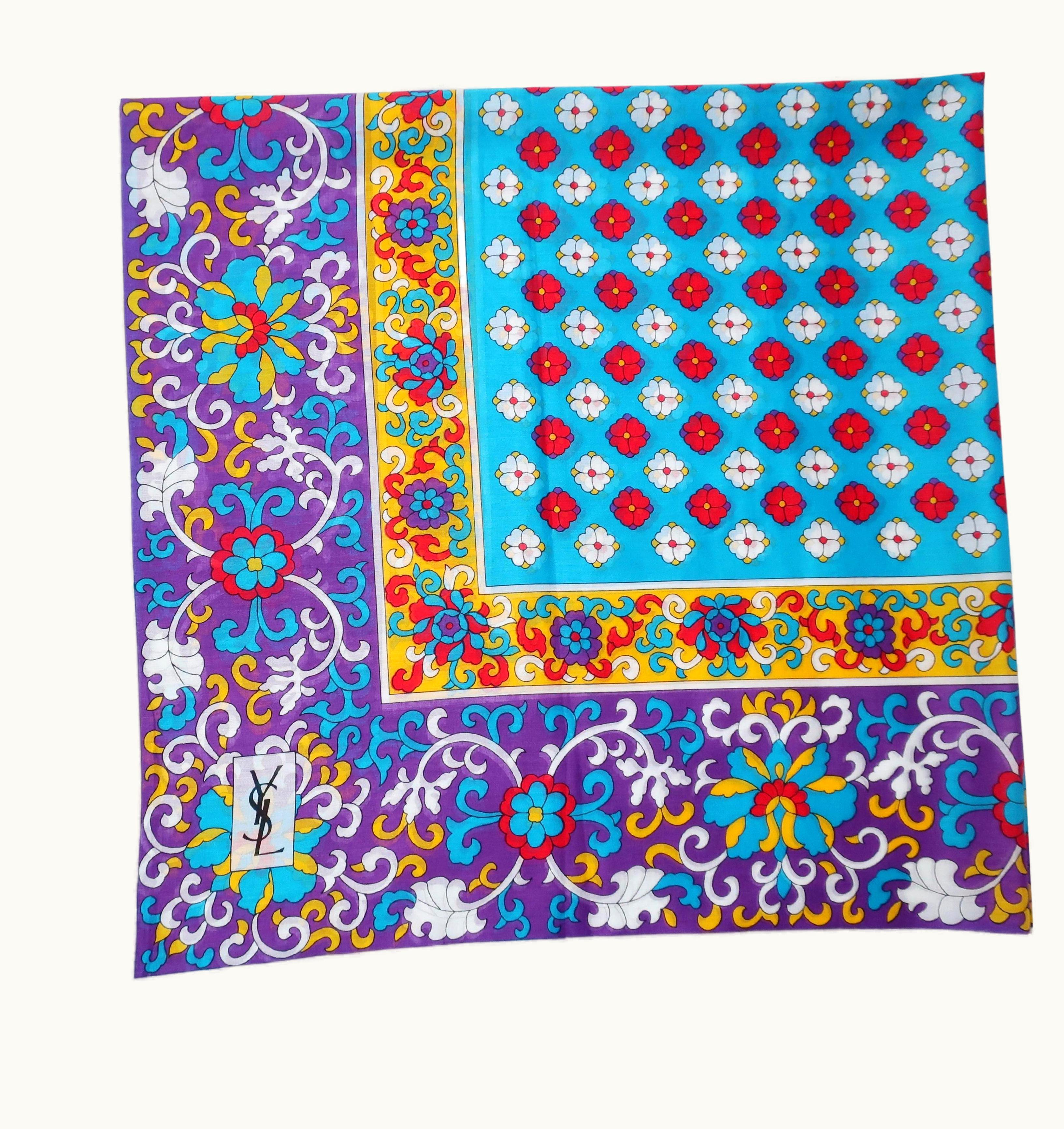 Saint Laurent Yves Saint Laurent Fine Cotton Aqua Blue Geometric Scarf