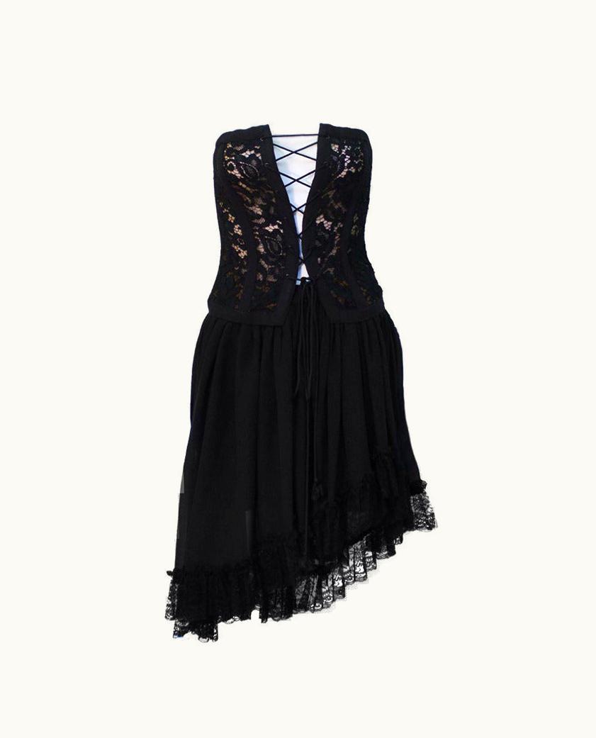 Saint Laurent 1980s Yves Saint Laurent YSL Rive Gauche Black Lace Corset & Chiffon Skirt