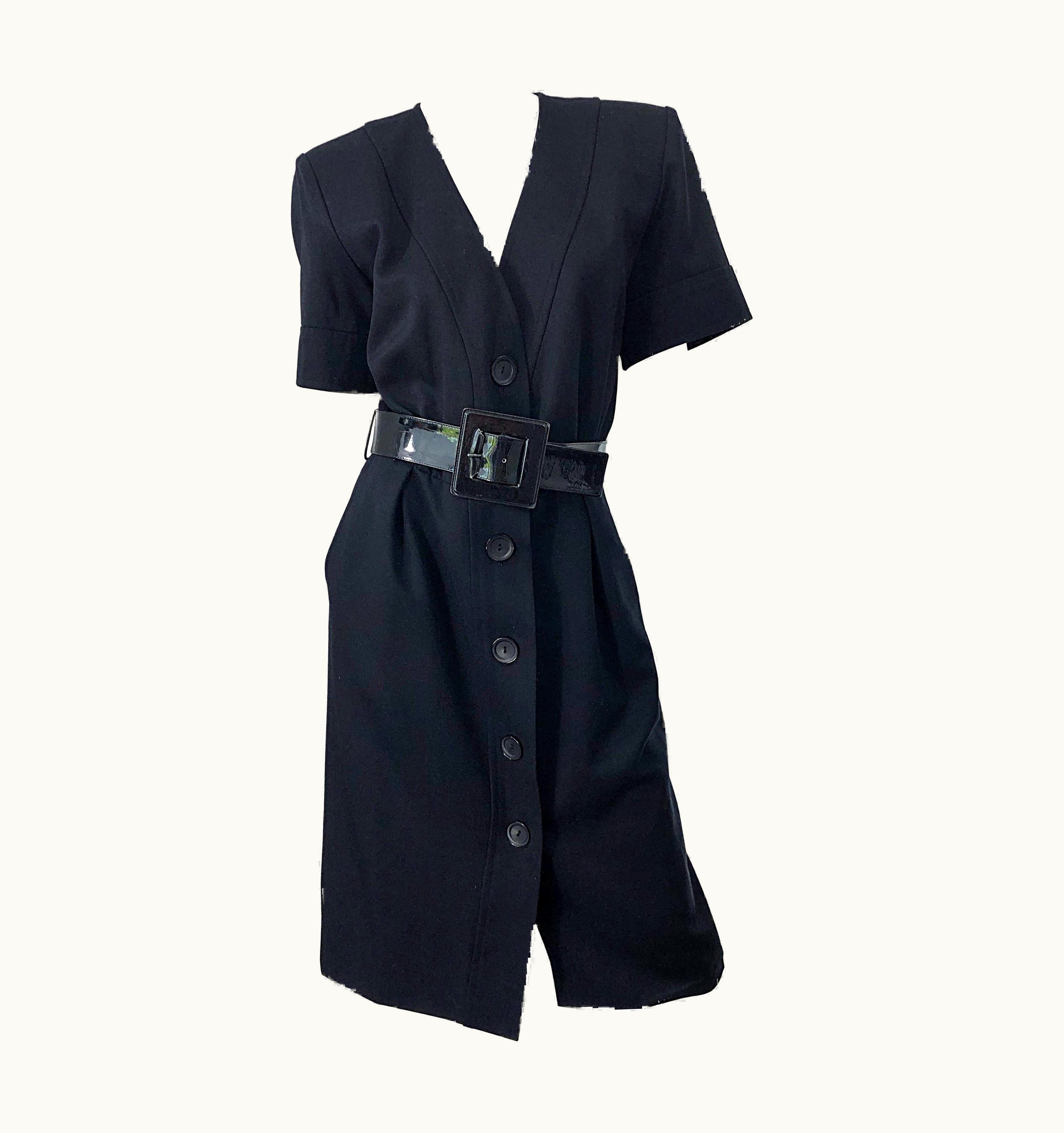 Saint Laurent 1980s Yves Saint Laurent Black Short Sleeve Large Size Belted Vintage 80s Dress