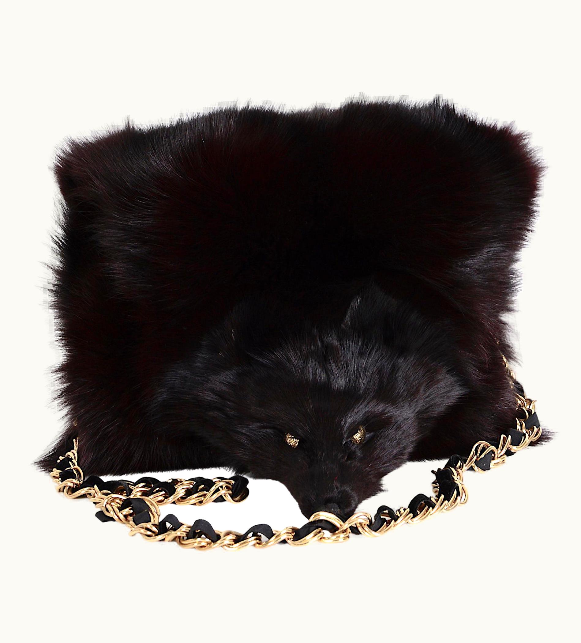 Saint Laurent Yves Saint Laurent Vintage Rare Gold Chain Black Fox Fur Handwarmer Muff Bag