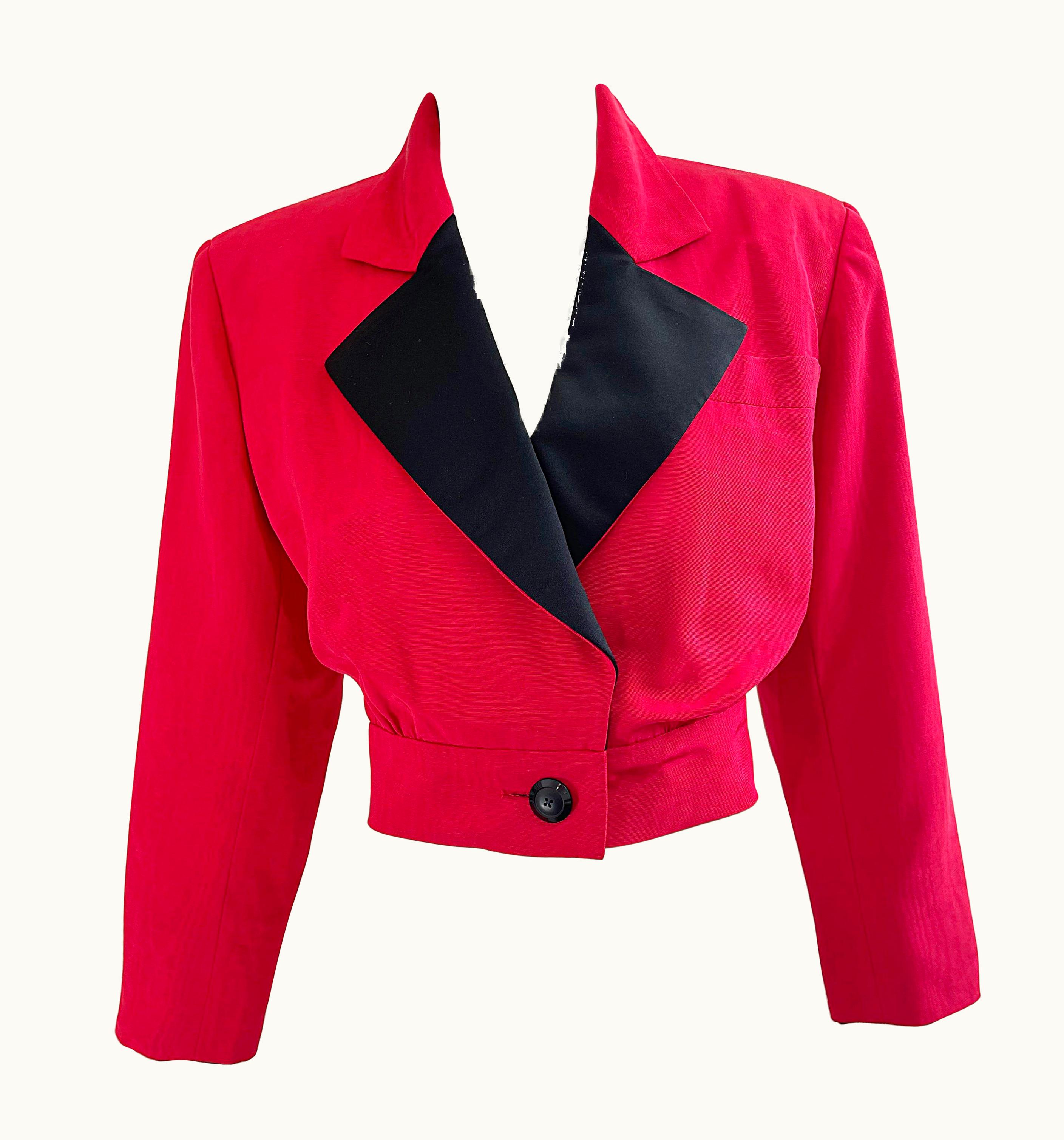 Saint Laurent Yves Saint Laurent 1980s Red S/S Black Silk Cropped Vintage 80s Jacket Blazer YSL