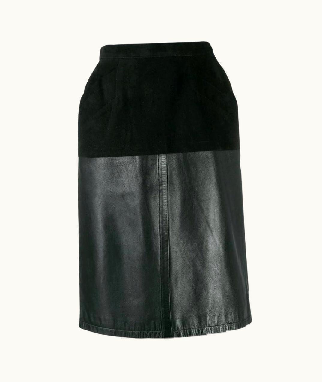 Saint Laurent 80s Yves Saint Laurent Vintage Black Leather Skirt With Suede Details