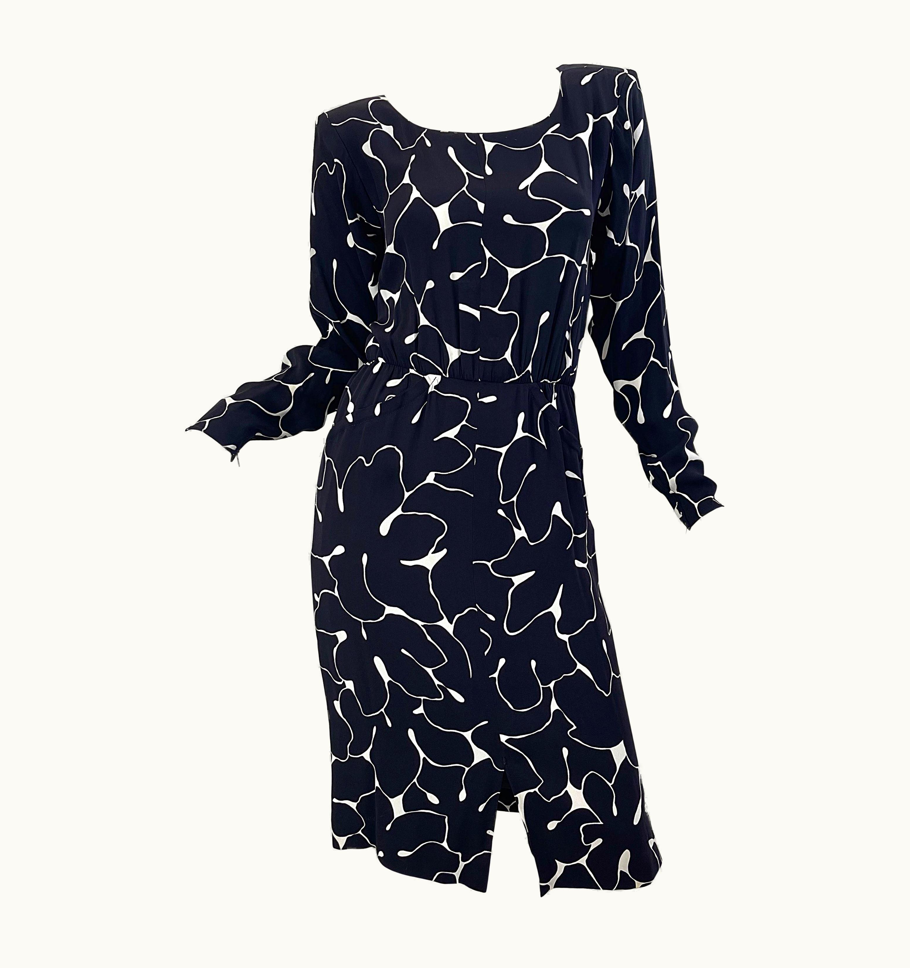 Saint Laurent Yves Saint Laurent 1980s Black And White Abstract Flower Print Silk Crepe Dress